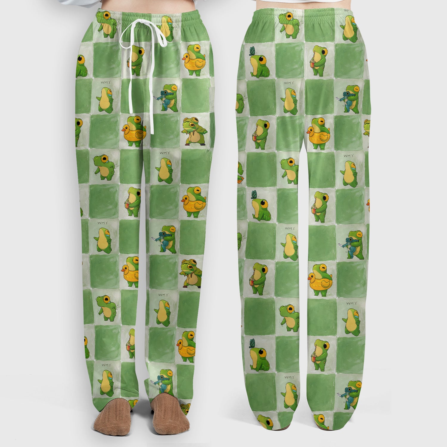 Cute Frog Duck Checkerboard Pattern Scrub Set, Scrub Pants and V Neck Top