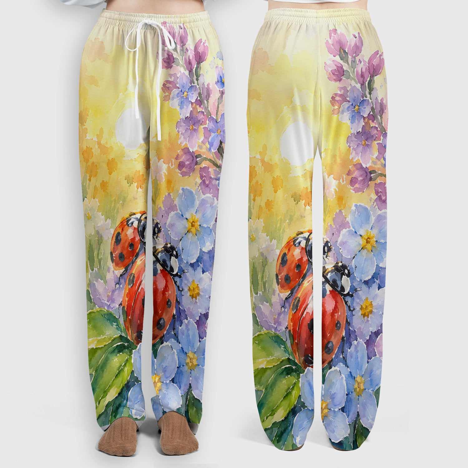 Ladybug Spring Flower Garden Print Scrub Set, Scrub Pants and V Neck Top