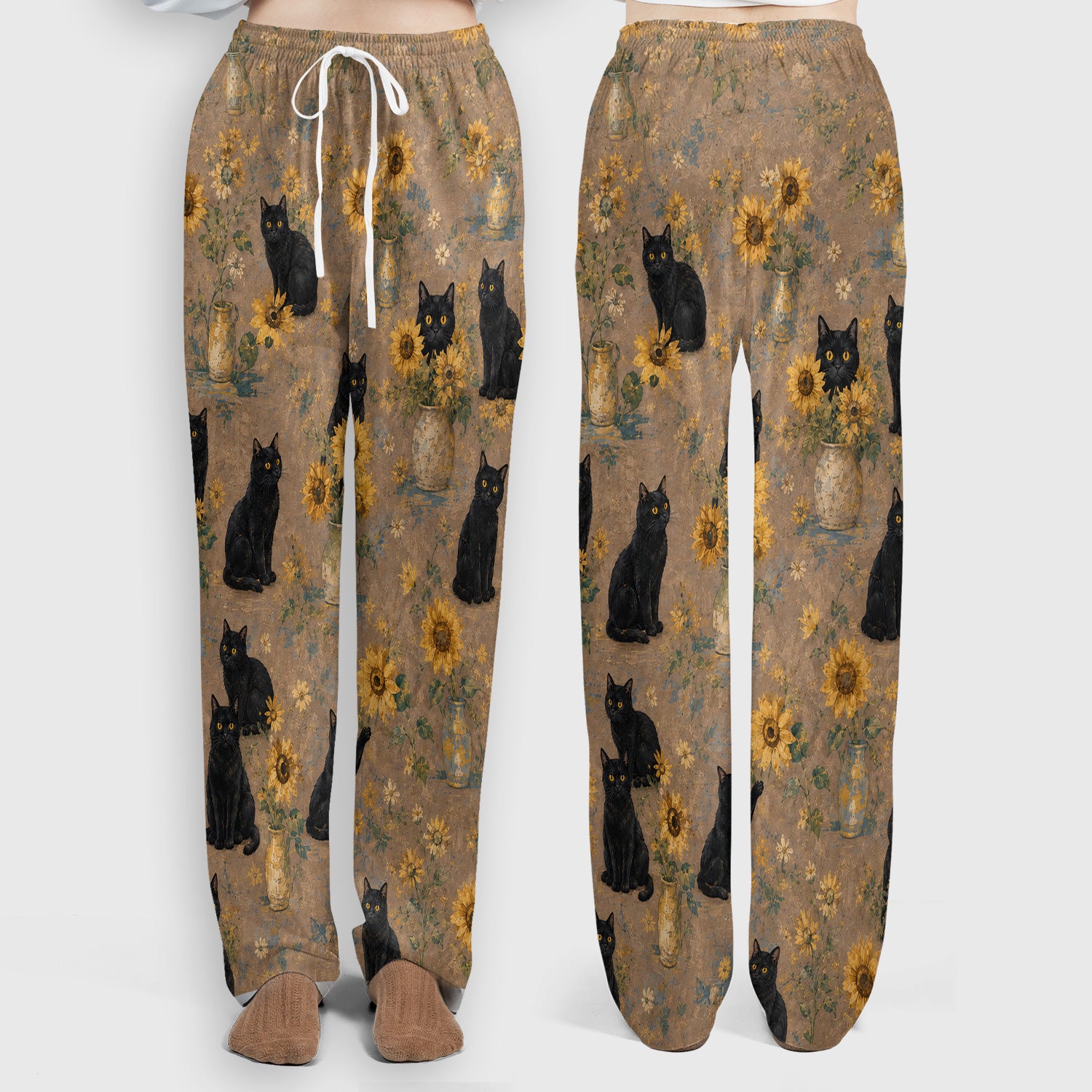 Rustic Sunflower Black Cat Print Scrub Set, Scrub Pants and V Neck Top