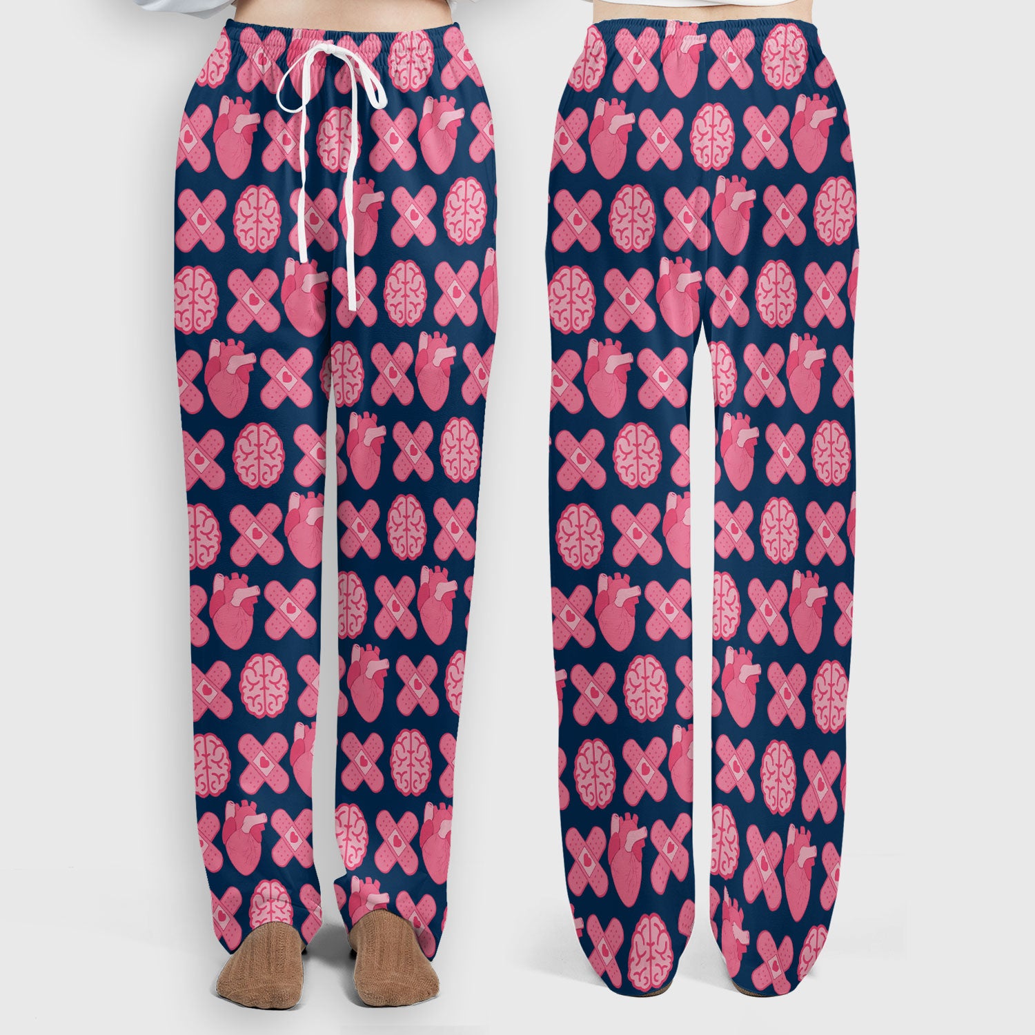 Heart & Brain Medical Icon Pattern Scrub Set, Scrub Pants and V Neck Top