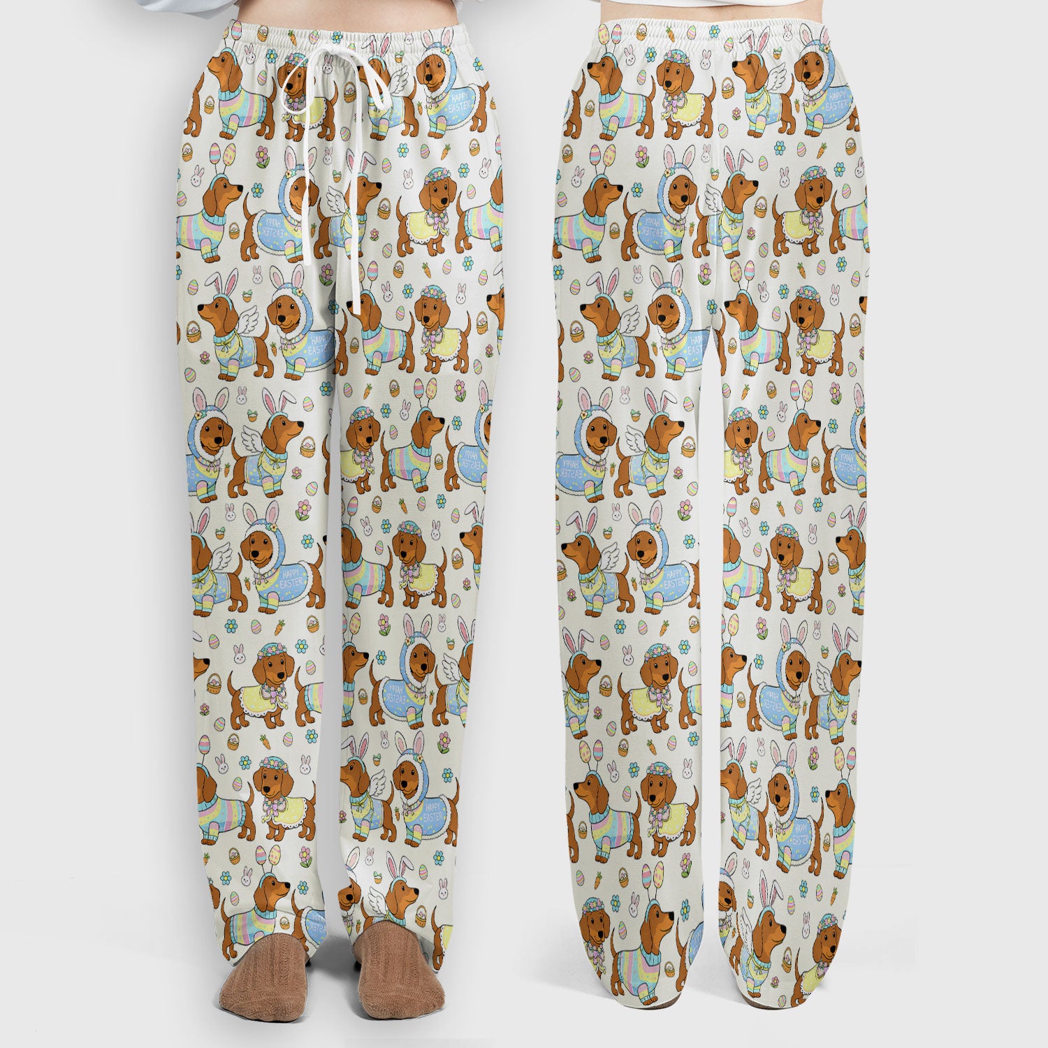 Easter Dachshund Bunny Pattern Scrub Set, Scrub Pants and V Neck Top