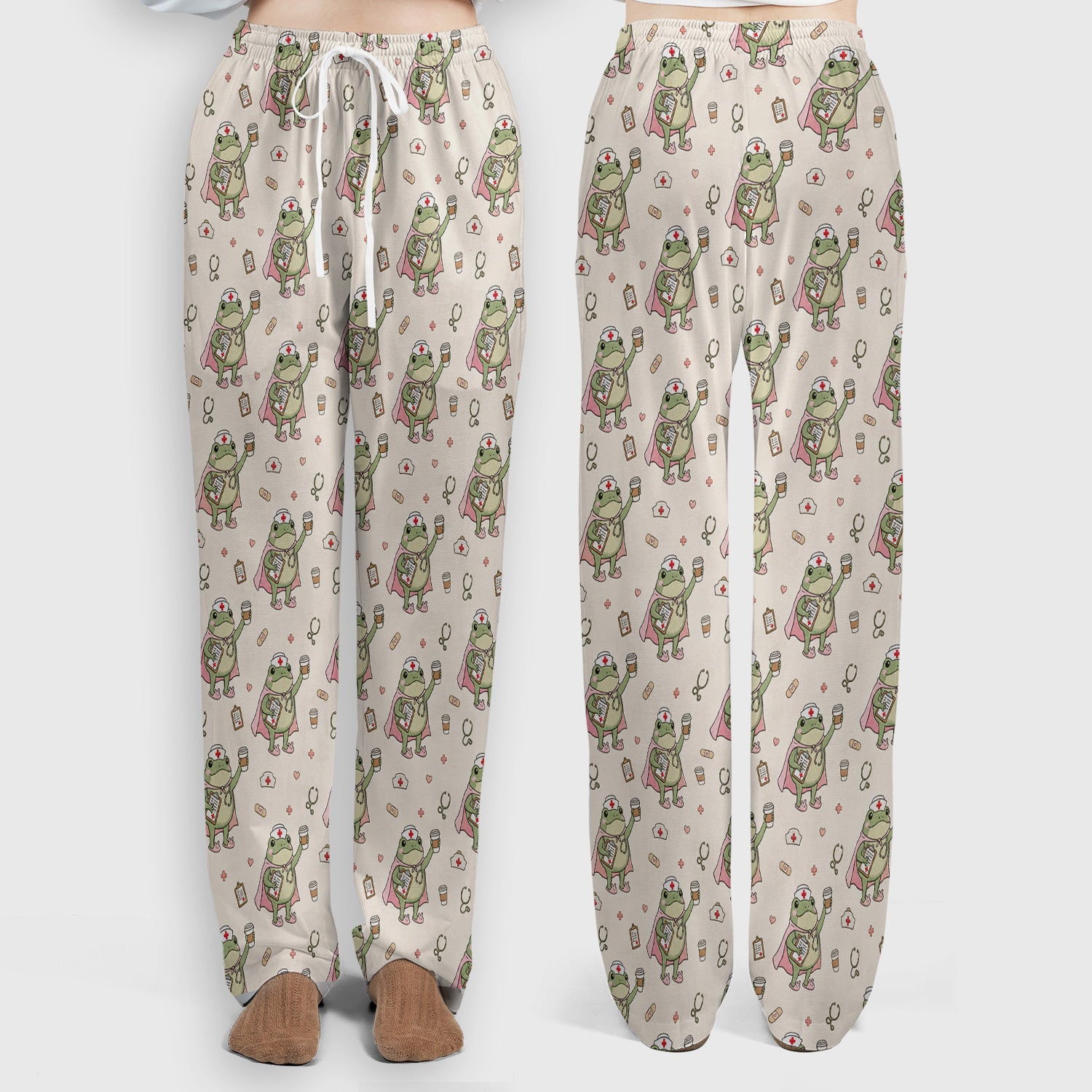 Cute Super Nurse Frog Pattern Scrub Set, Scrub Pants and V Neck Top