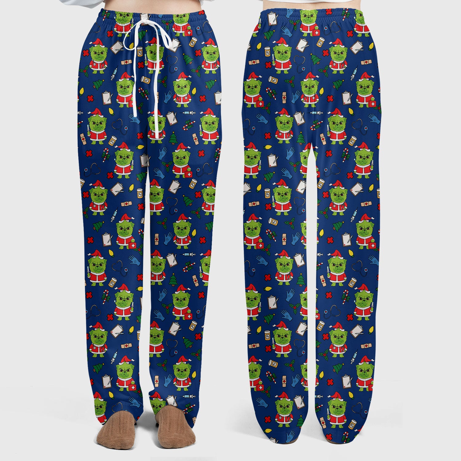 Funny Nurse Christmas Scrubs Set - Grumpy Dog Pattern with Medical Tools - Festive Holiday Scrub Top and Pants for Women