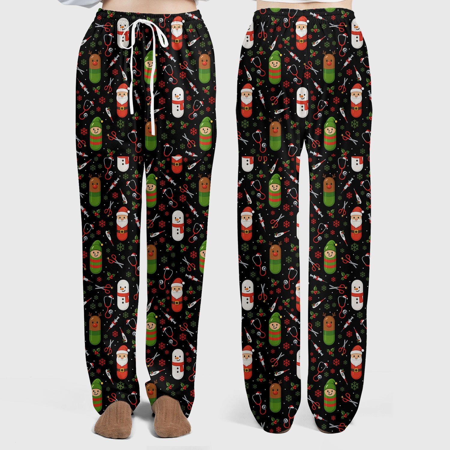 Santa Christmas Scrubs Set - Cute Holiday Pattern with Reindeer and Snowman - Fun Medical Scrub Top and Pants for Women Nurses