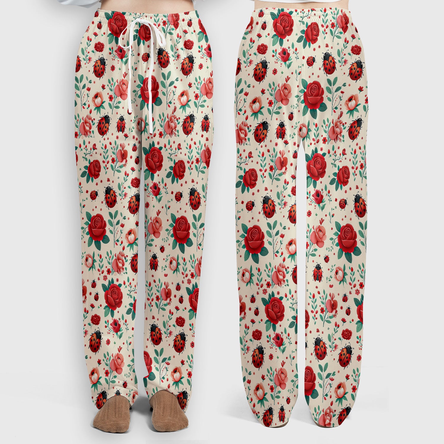 Cute Ladybug Red Rose Floral Pattern Scrub Set, Women's Scrub Sets