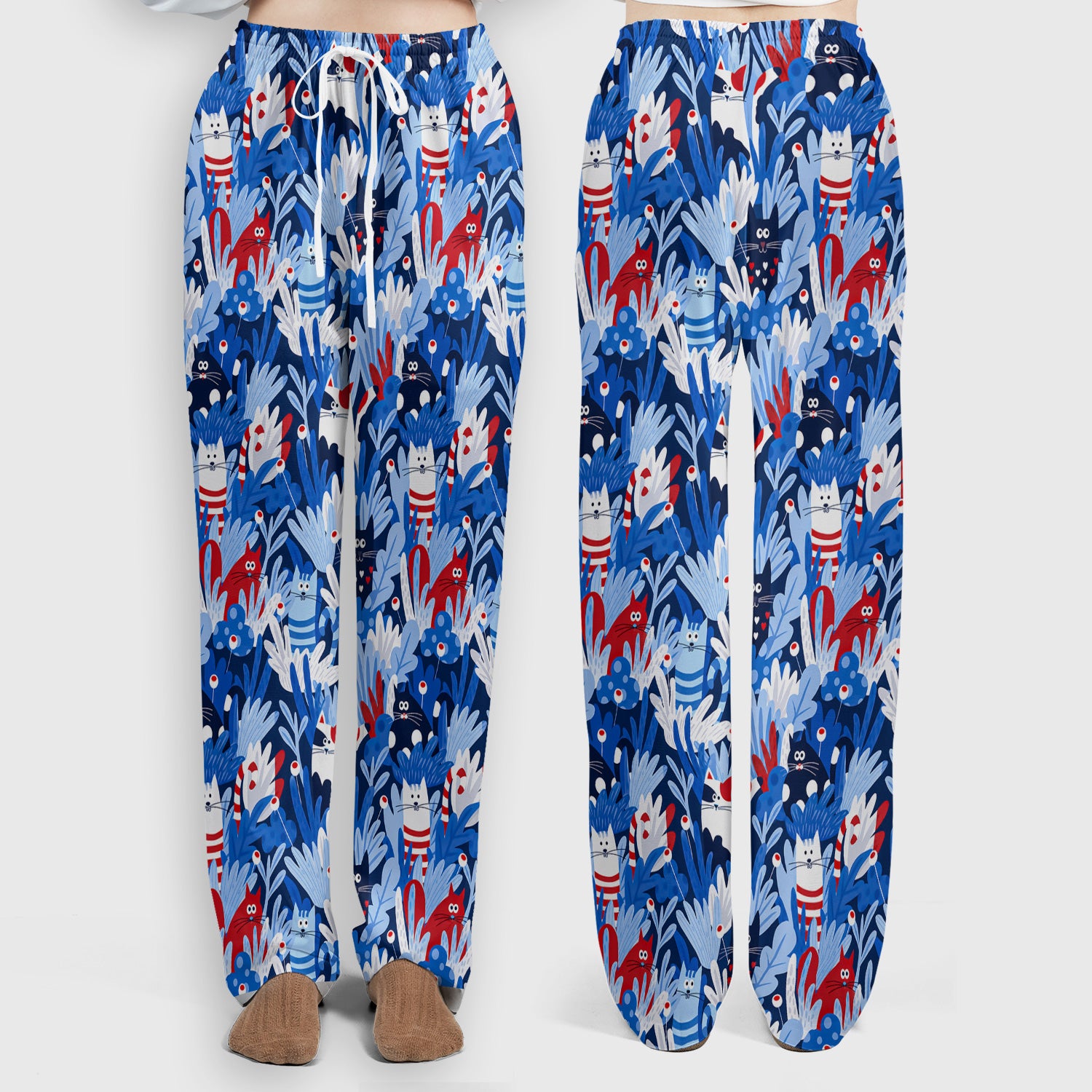 Cute Cats Among Blue Foliage Pattern Scrub Set, Scrub Pants and V Neck Top