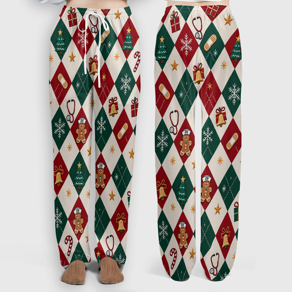 Christmas Gingerbread Nurse Argyle Scrub Set, Scrub Pants and V Neck Top