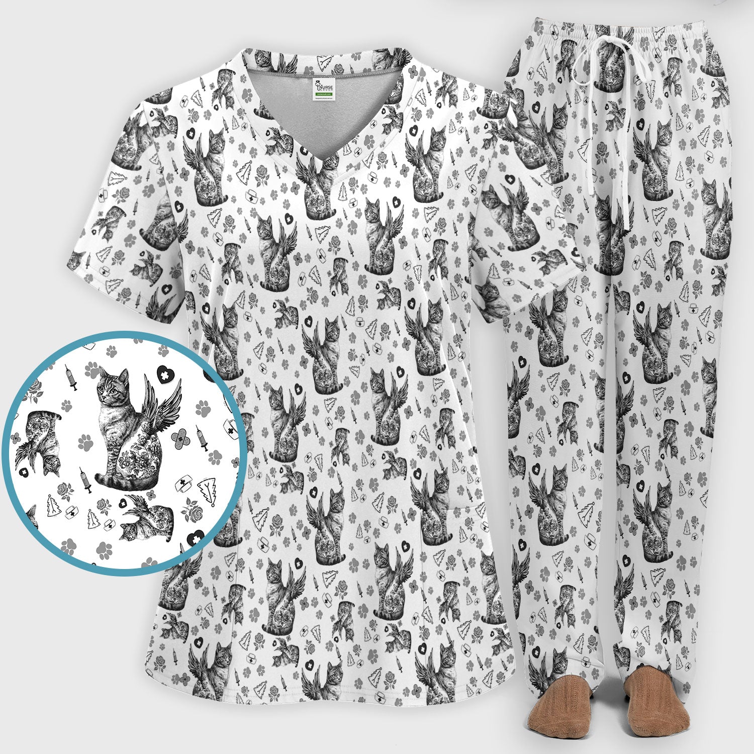Toile de Jouy Cat Angel Scrub Set - Blue Vintage Nurse Pants and V Neck Top - French Style Medical Uniform for Women