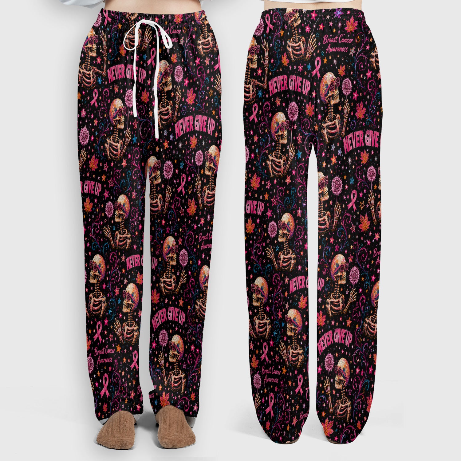 Breast Cancer Awareness Skeletons Pattern Scrub Set, Scrub Pants and V Neck Top
