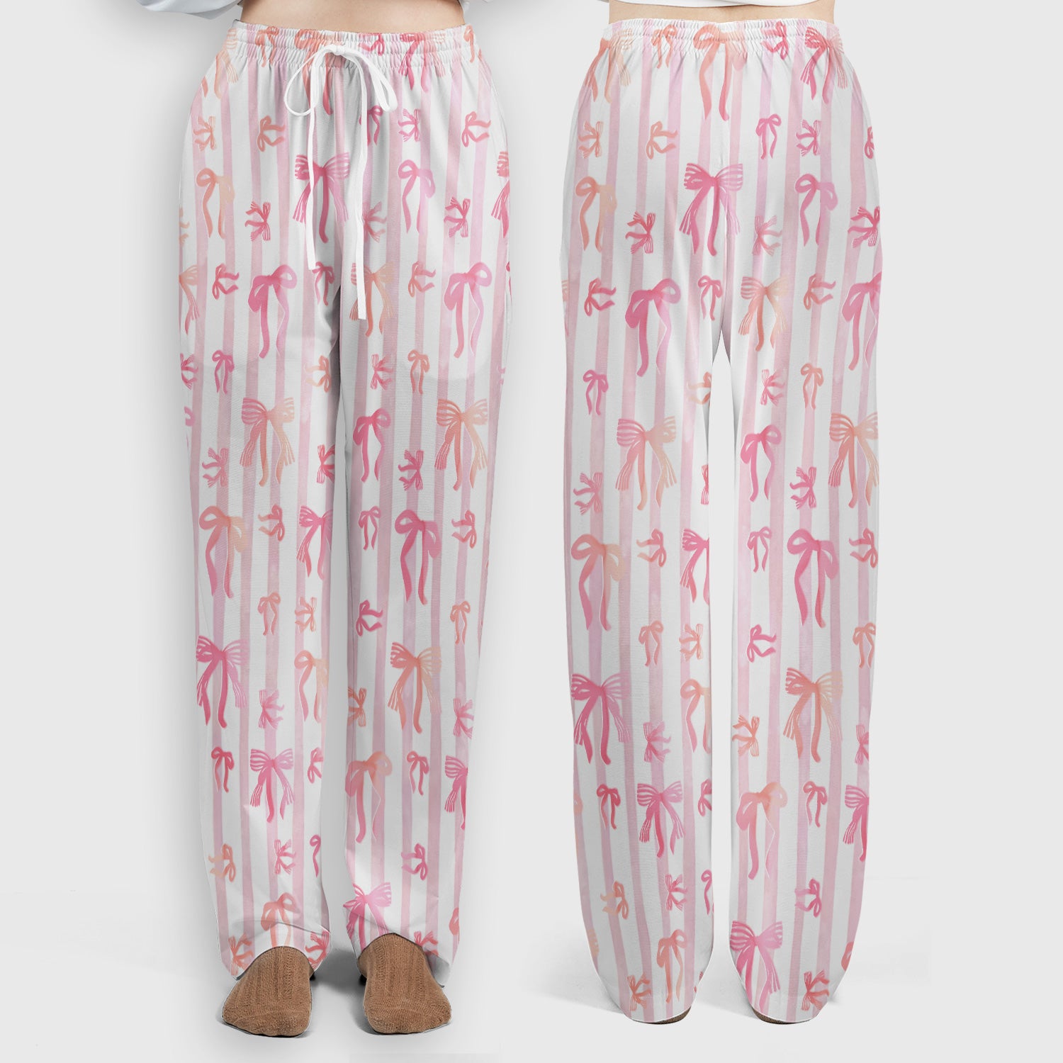 Pink Bow Stripe Pattern Print Scrub Set, Scrub Pants and V Neck Top