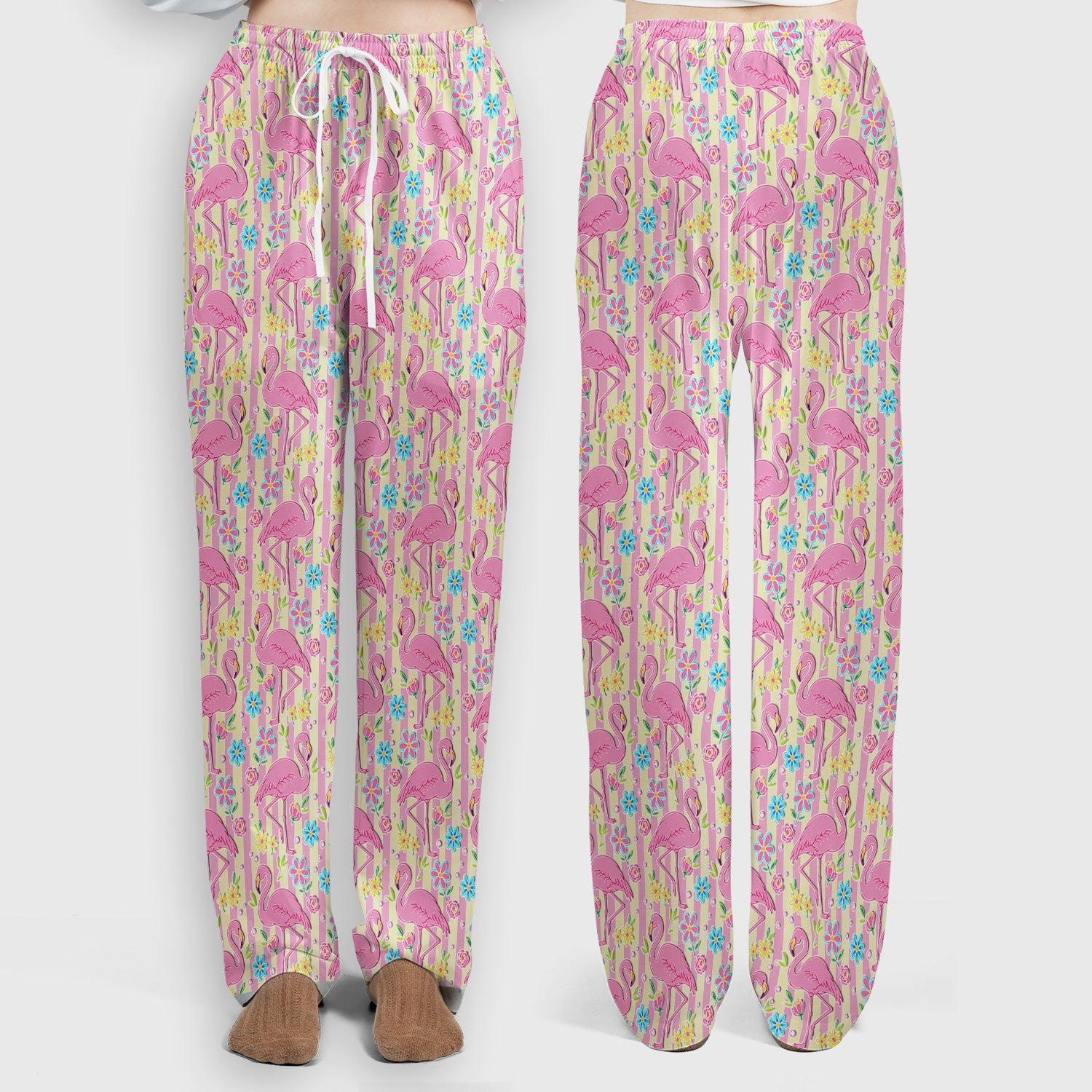 Pink Flamingo Flower Stripe Pattern Scrub Set, Scrub Pants and V Neck Top