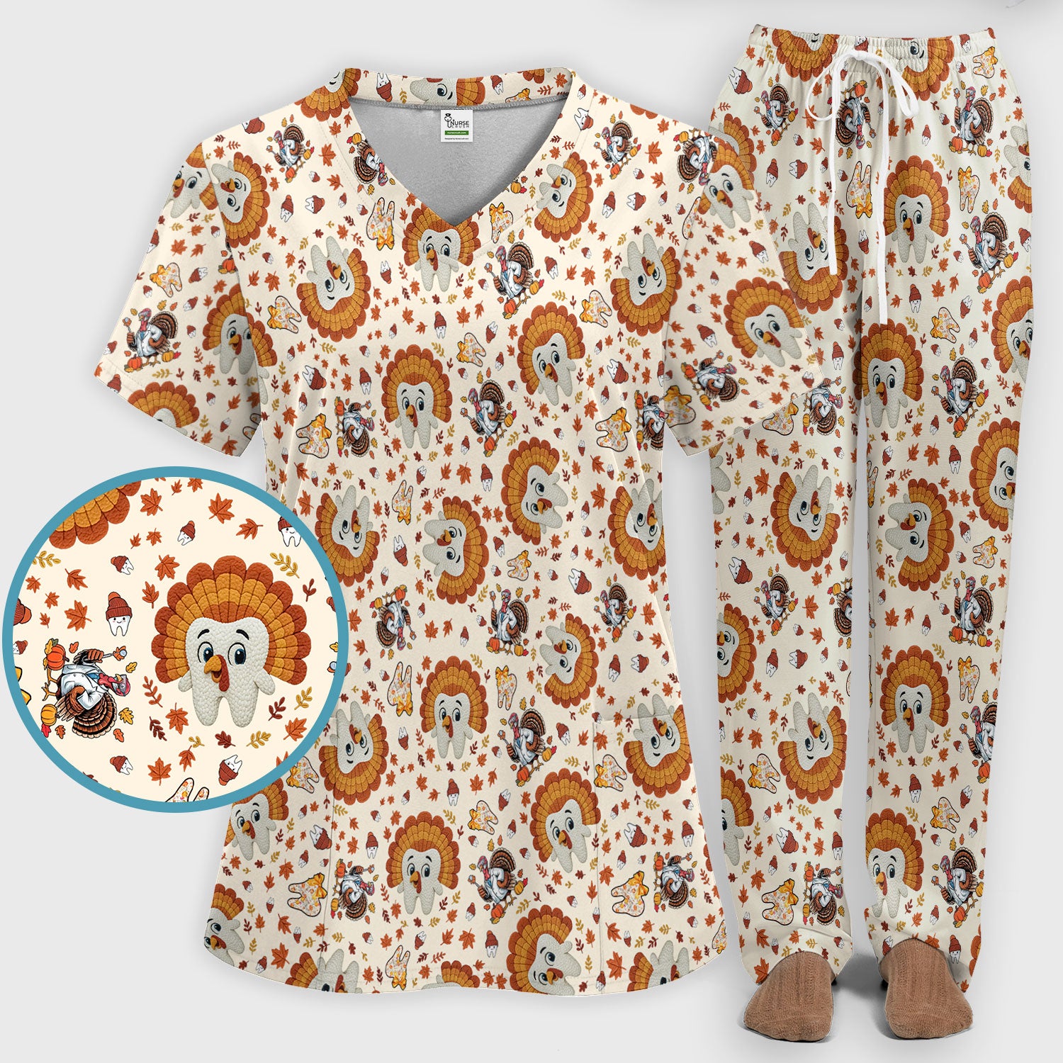 Funny Thanksgiving Tooth Scrub Set - Cute Turkey Dental Scrubs Pants and V Neck Top - Fall Medical Uniform for Hygienists & Nurses