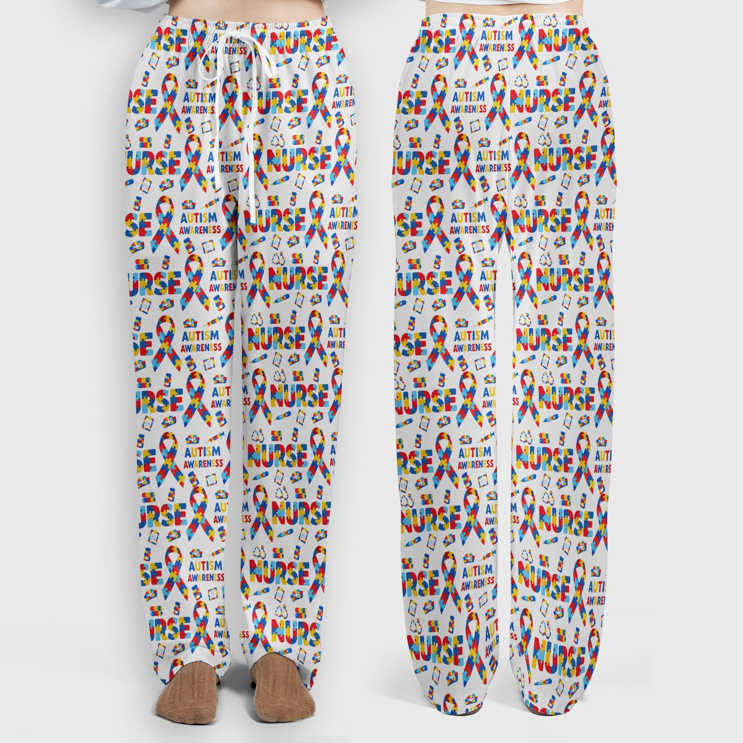 Autism Awareness Nurse Puzzle Ribbon Print Sets,  Breathable Med Uniform