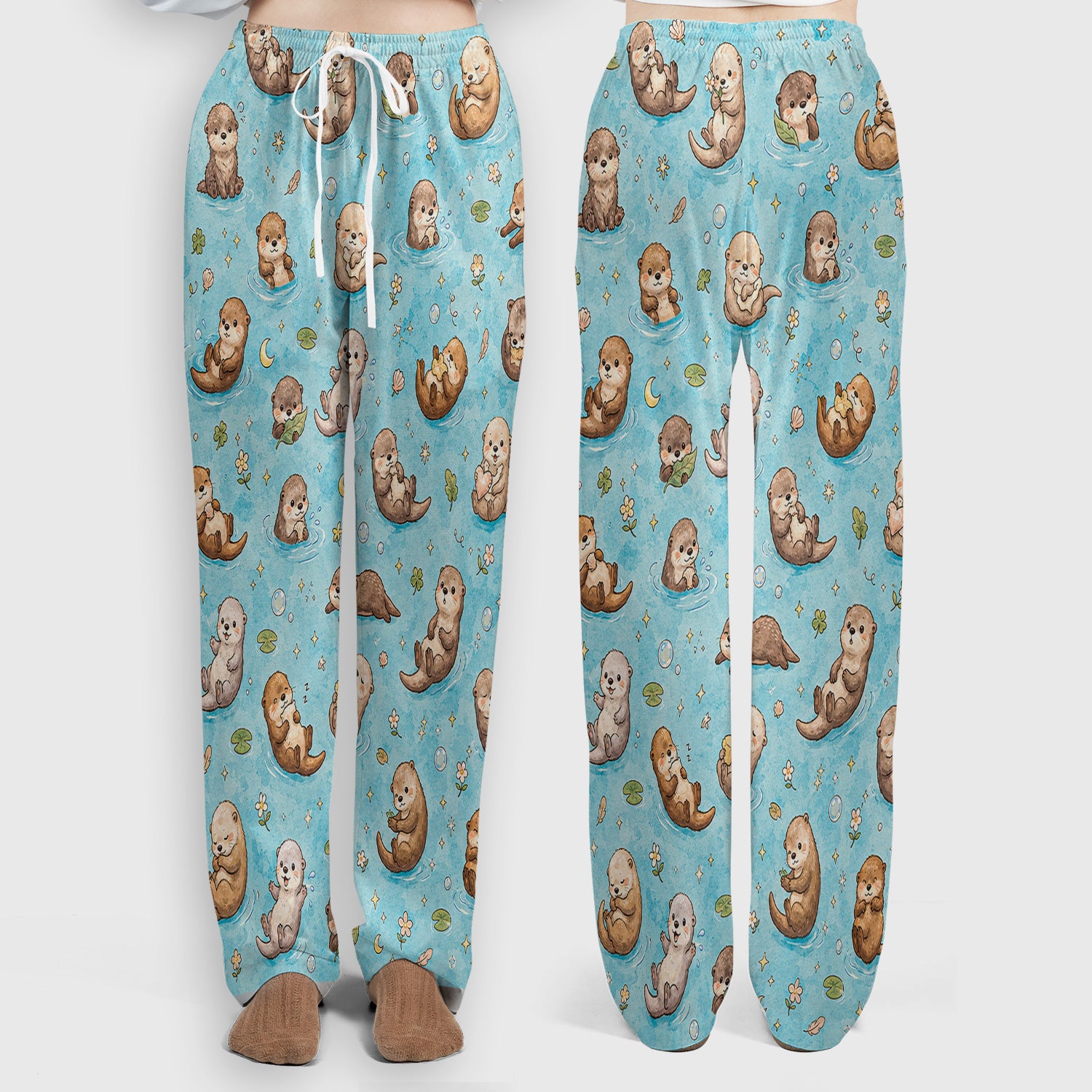 Cute Otter Pond Nurse Print Scrub Set, Scrub Pants and V Neck Top
