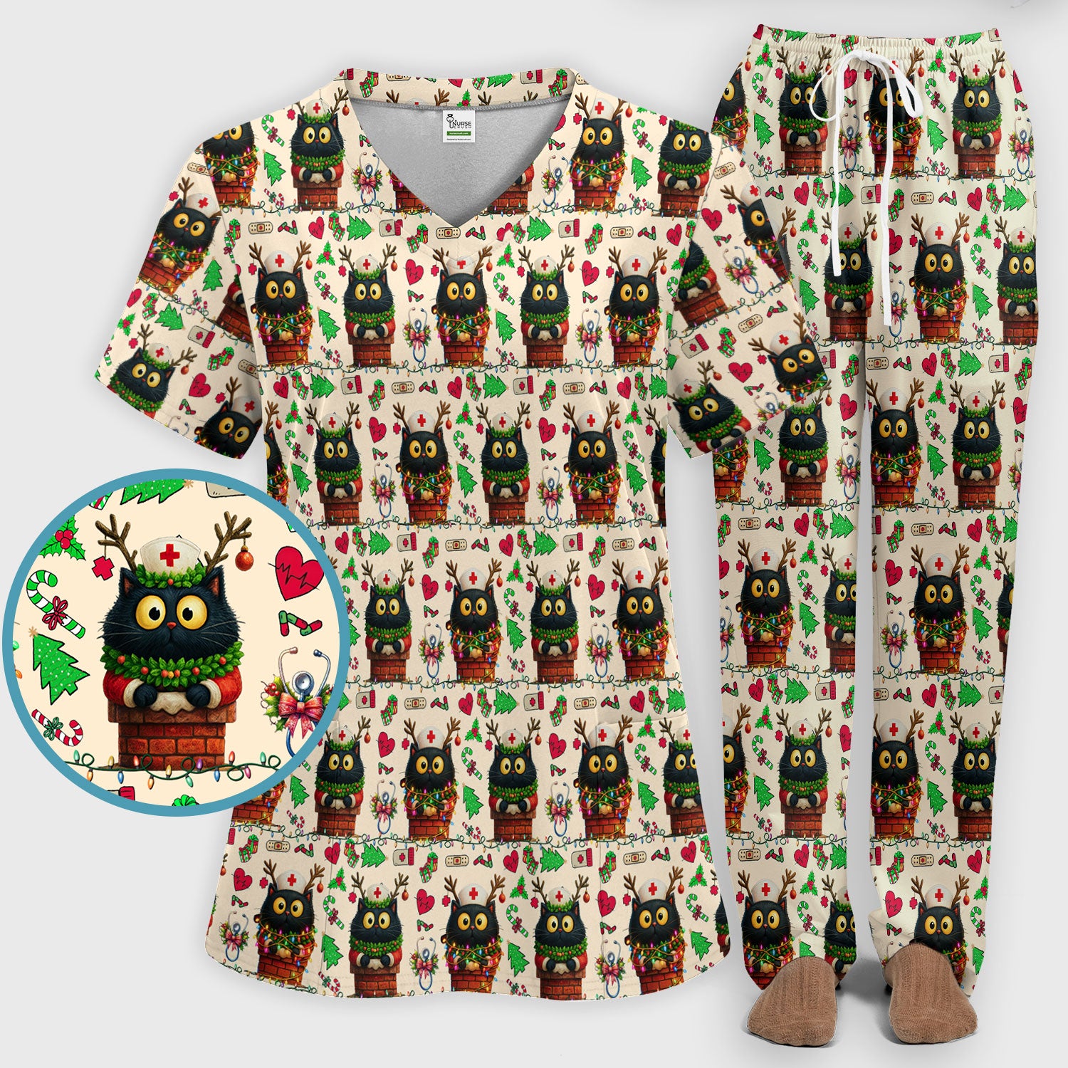 Funny Black Cat Scrub Set for Nurse - Cute Reindeer Cat with Christmas Lights - Festive Holiday Medical Uniform - Kitten Lover Gift