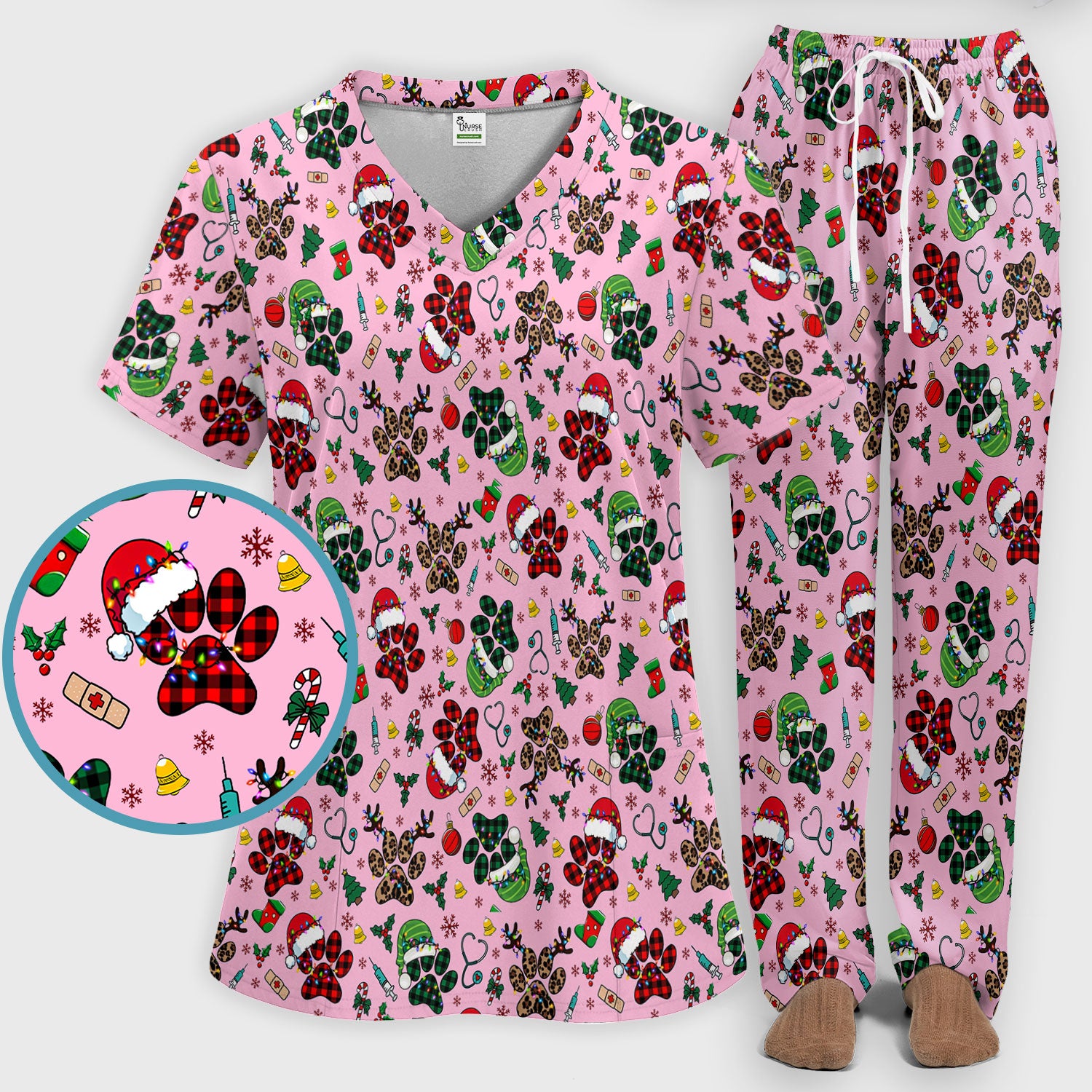 Christmas Paw Print Scrub Set for Nurses - Cute Leopard Holiday Pants and V Neck Top - Funny Pet Medical Uniform Gift