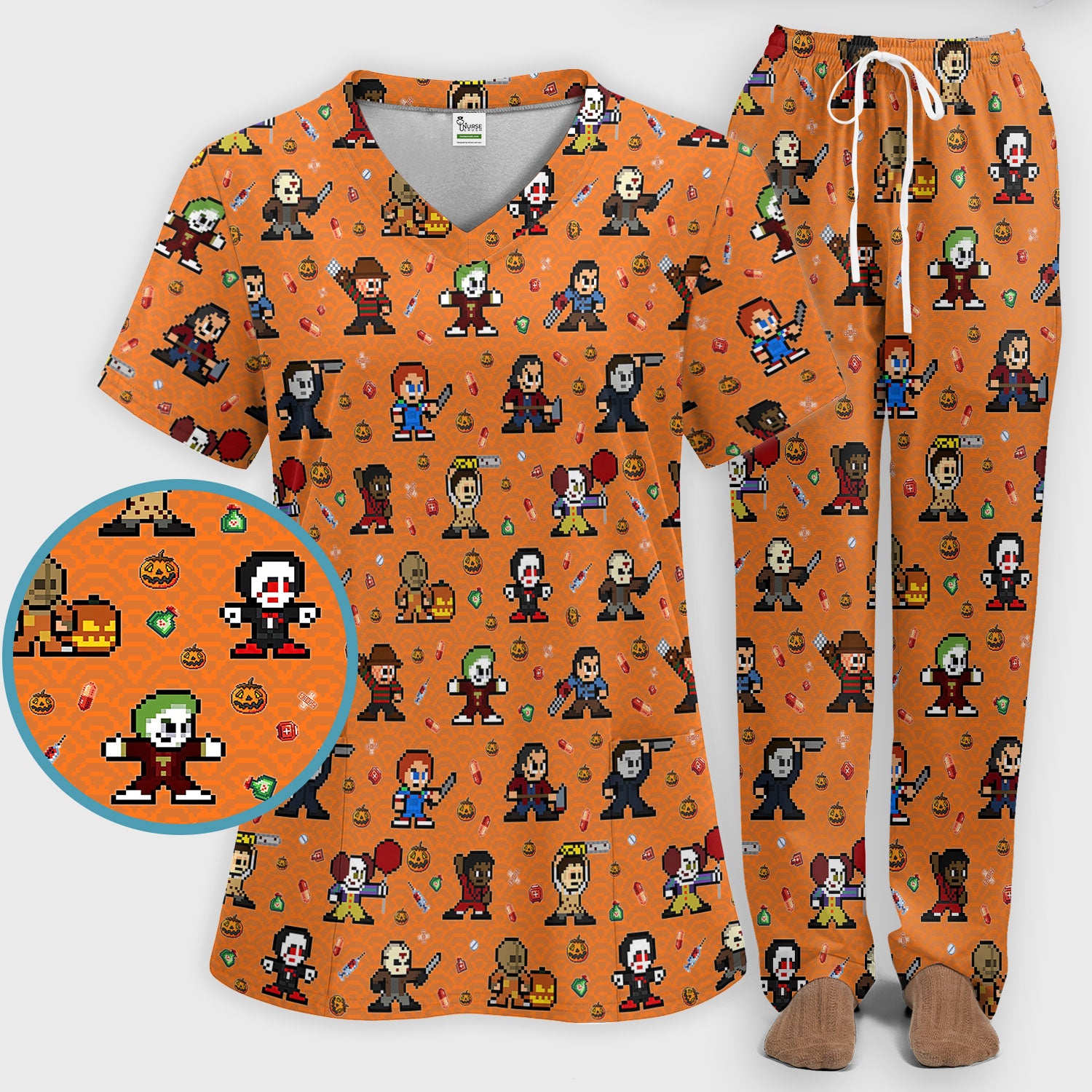 Halloween Women's Scrub Sets - Comfortable Scrubs for Nurses - Horror Movie Scrub Pants and V Neck Top - Breathable Med Uniform