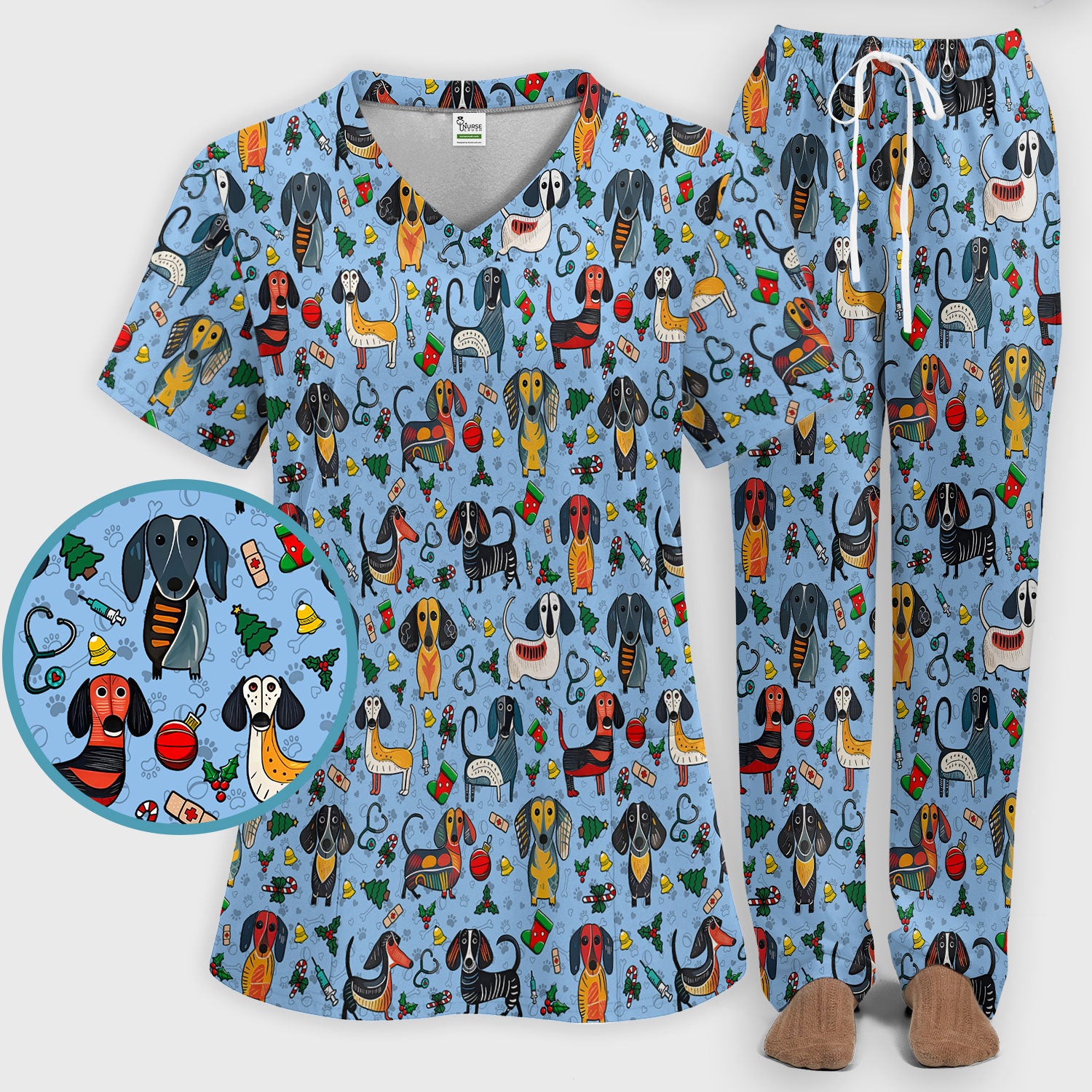 Christmas Wiener Dog Scrub Set - Funny Sausage Dog Pants and V Neck Top - Holiday Medical Uniform