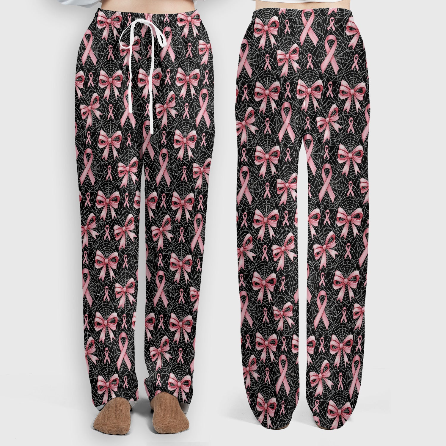 Pink Ribbon Pattern Scrub Set, Scrub Pants and V Neck Top