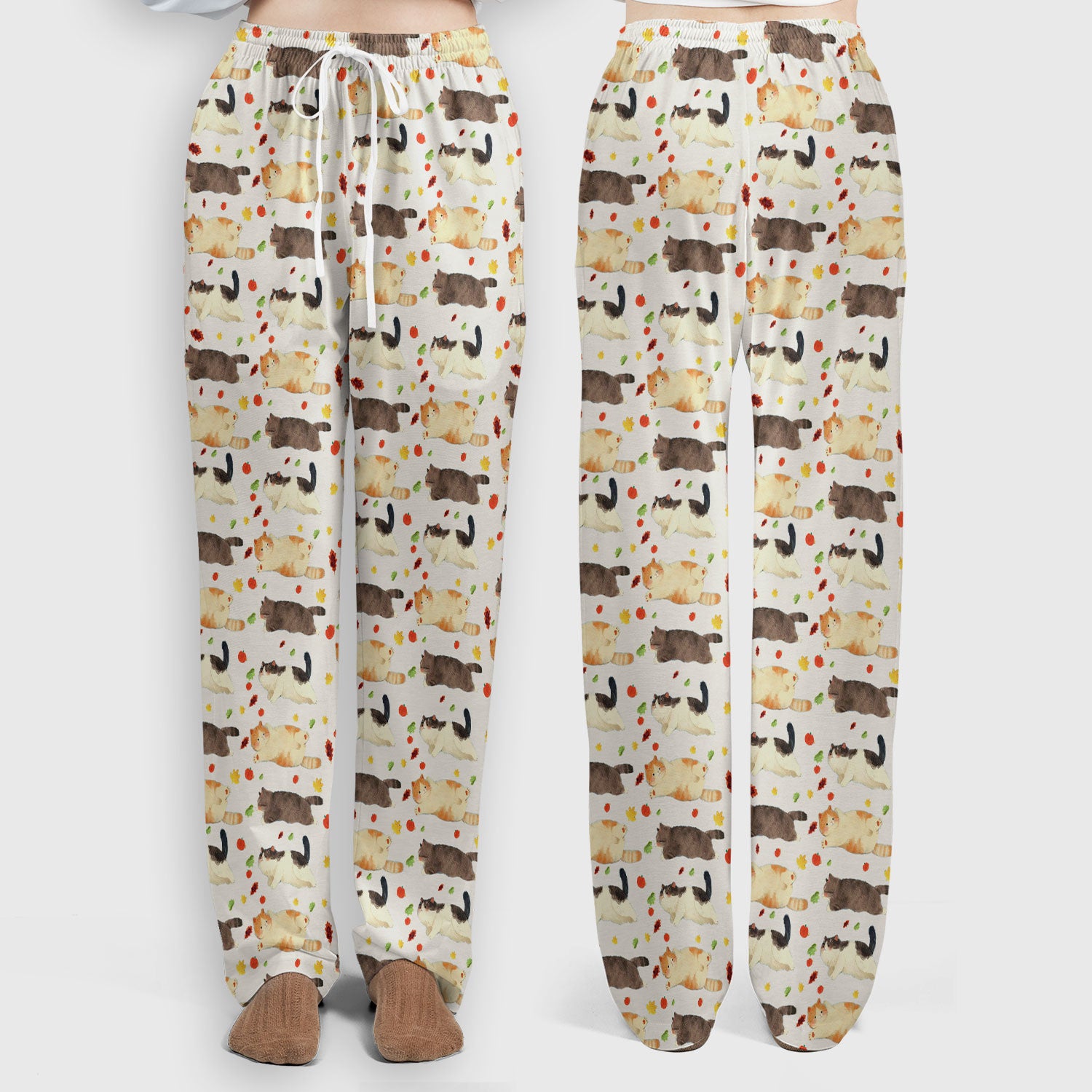 Chubby Cat Autumn Leaves Print Scrub Set, Breathable Med Uniform