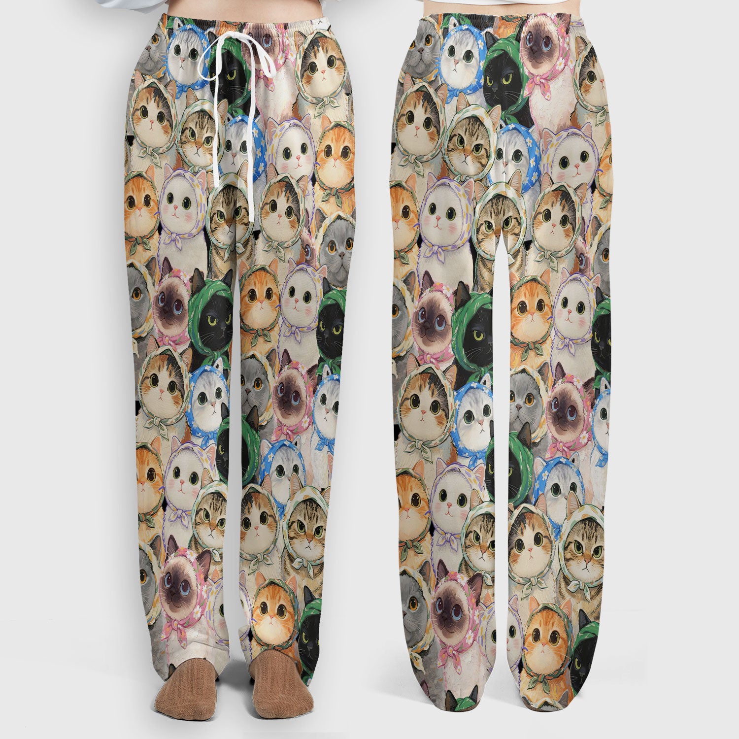 Adorable Multi Cat Portrait Pattern Scrub Set, Scrub Pants and V Neck Top
