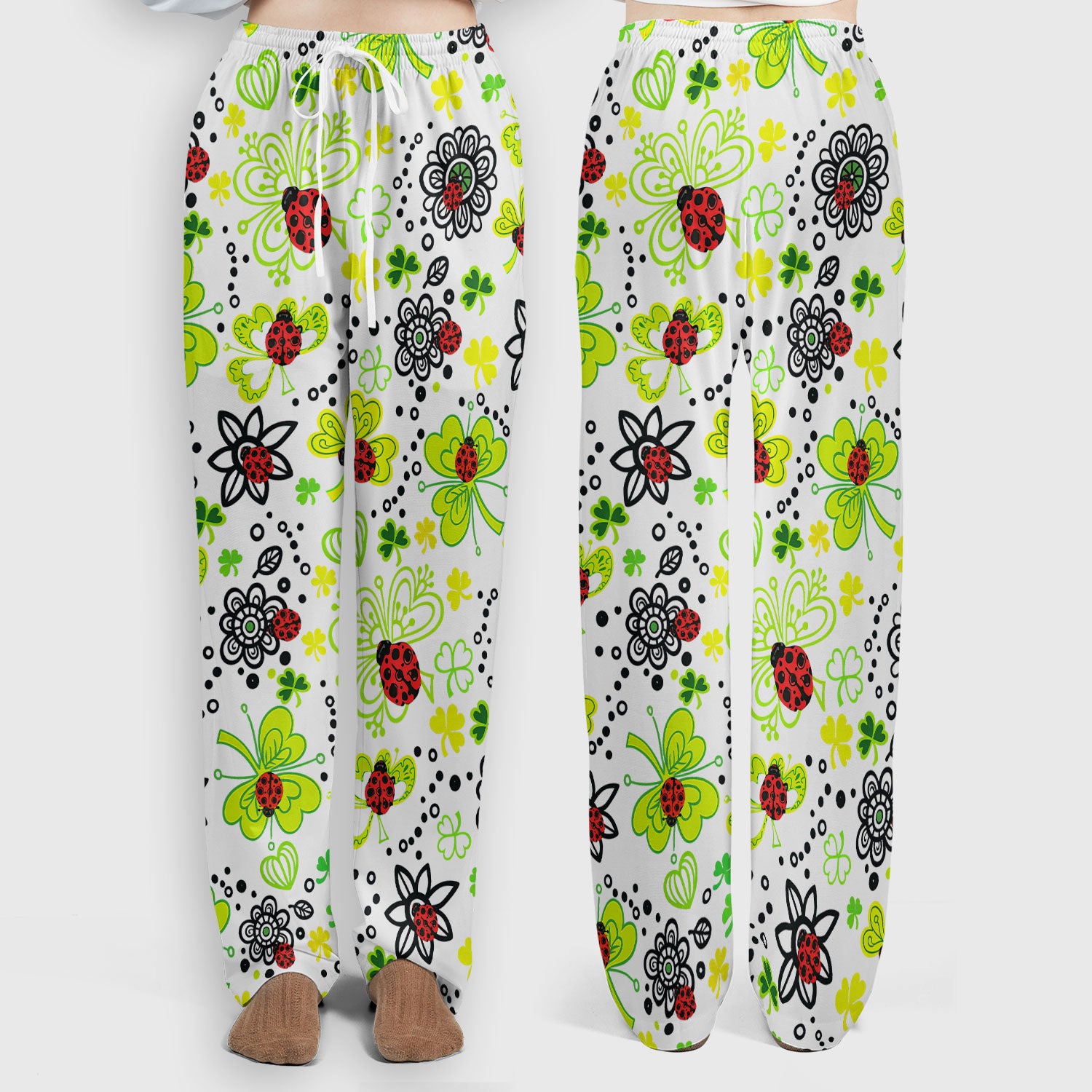 Ladybug Clover Floral Pattern Print Scrub Sets, Scrub Pants and V Neck Top