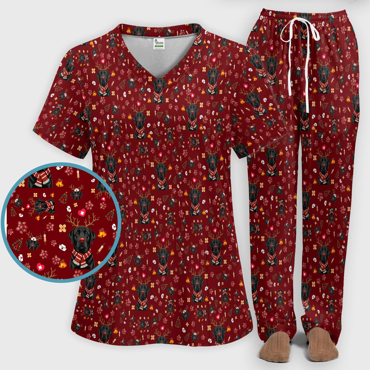 Funny Black Lab Reindeer Scrub Set - Christmas Dog Nurse Pants and V Neck Top - Cute Holiday Medical Uniform