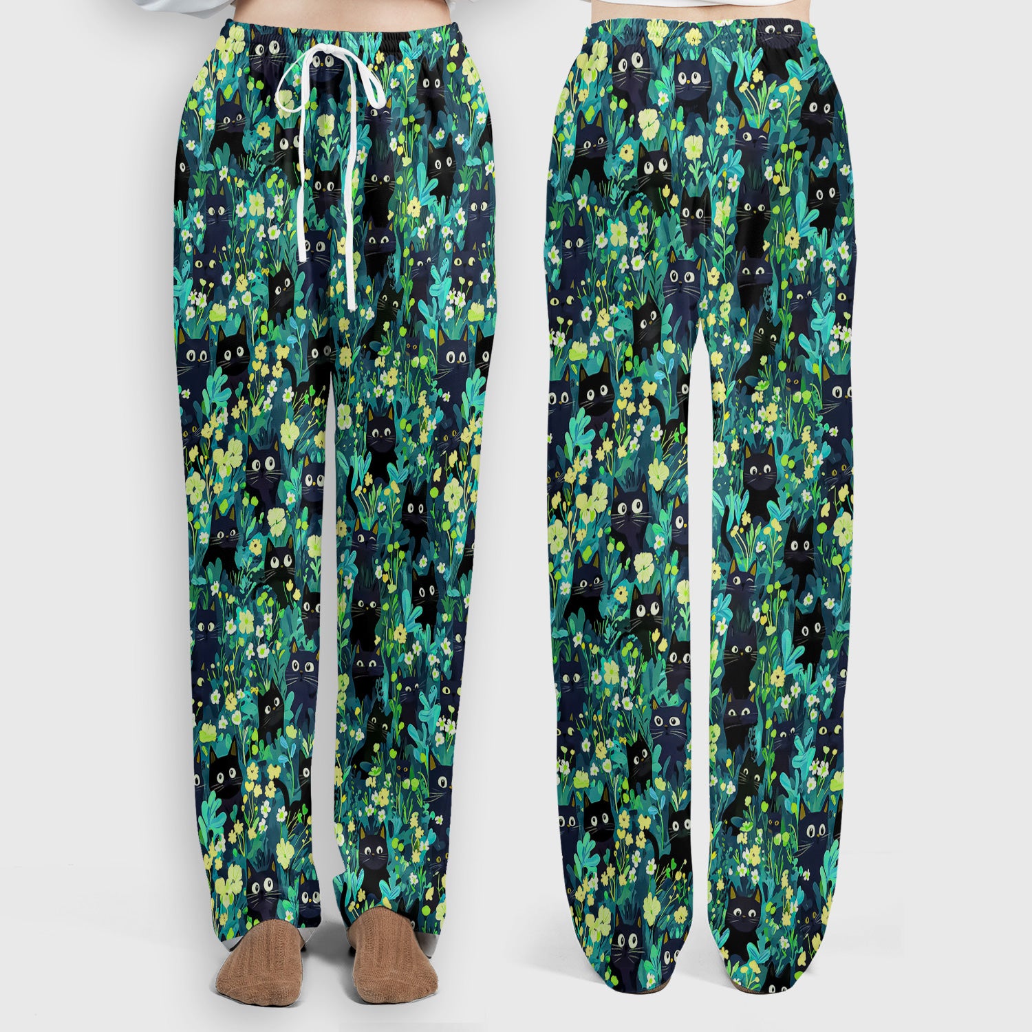 Black Cat Floral Pattern Scrub Set, Scrub Pants and V Neck Top