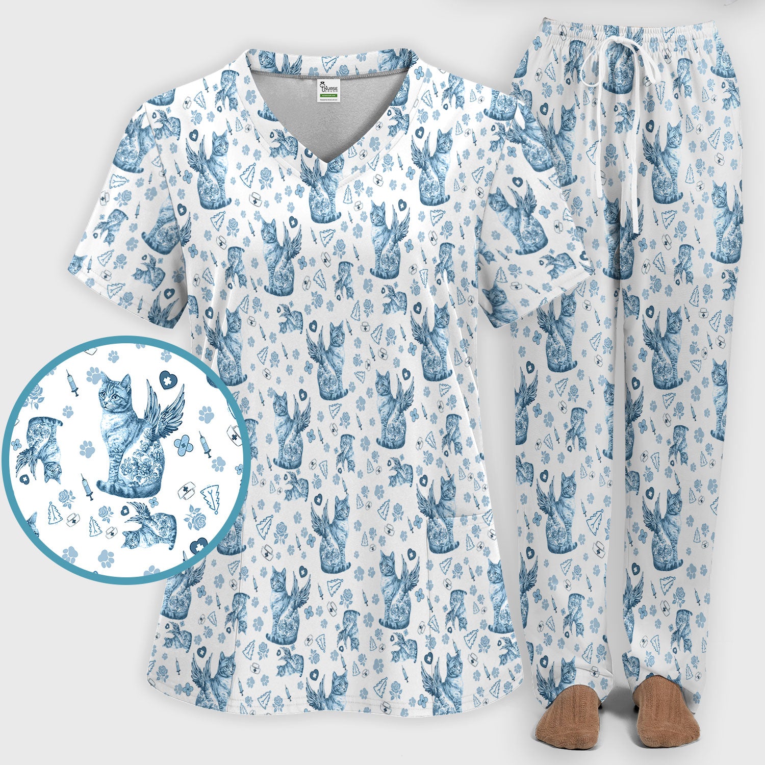 Toile de Jouy Cat Angel Scrub Set - Blue Vintage Nurse Pants and V Neck Top - French Style Medical Uniform for Women