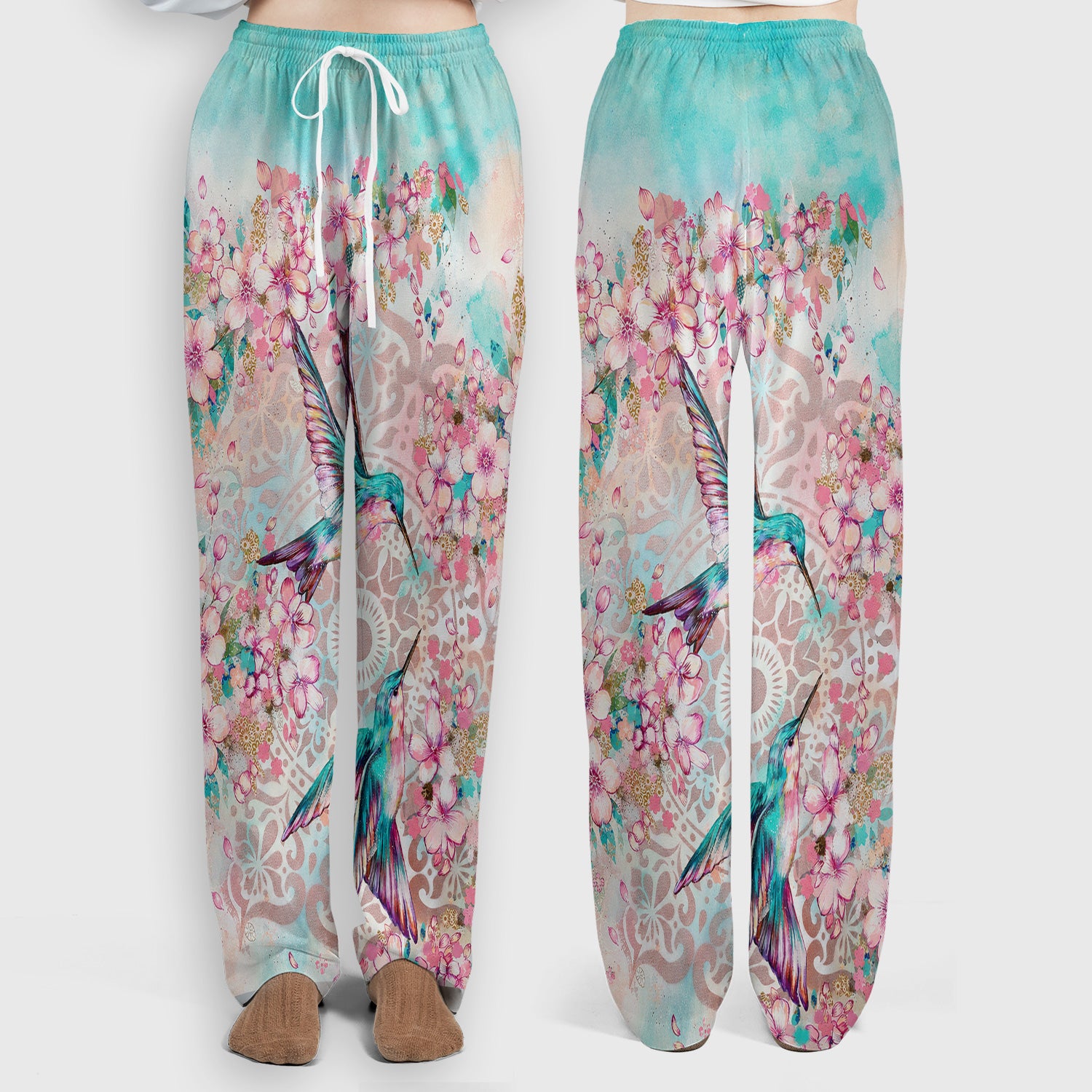 Charming Hummingbird Cherry Blossom Pattern Scrub Set, Scrub Pants and V Neck Top
