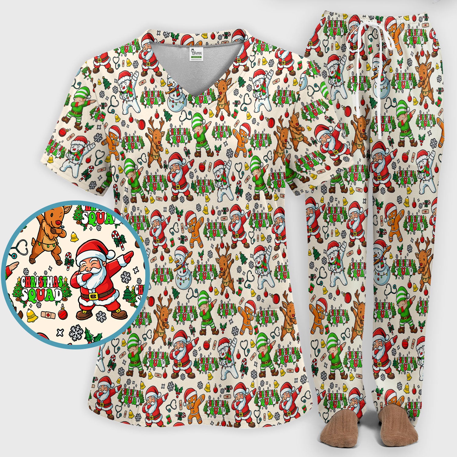 Christmas Squad Scrub Set - Funny Santa & Reindeer Pants and V Neck Top - Cute Holiday Medical Uniform for Nurses, Doctors & Vet Techs