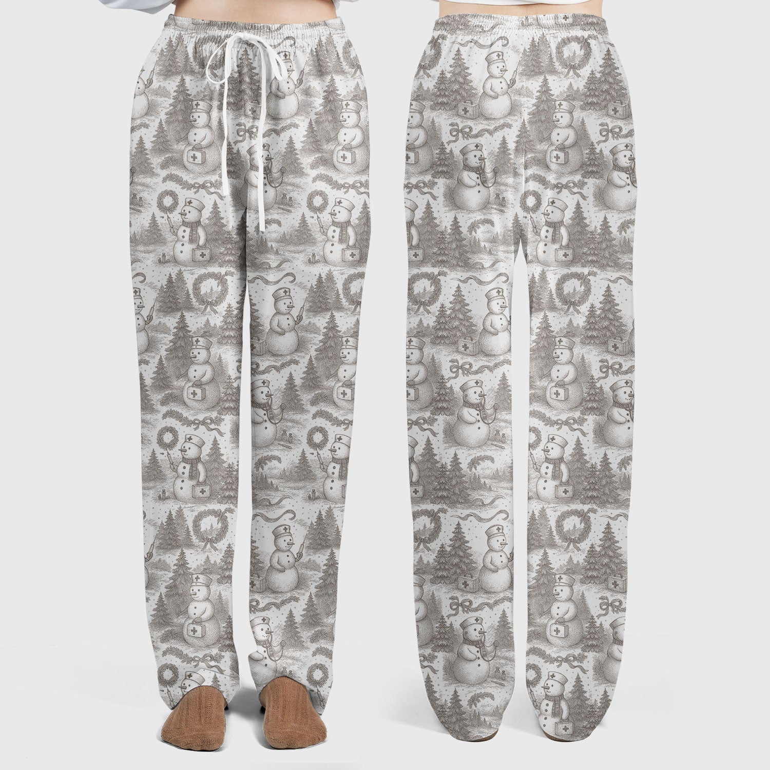 Toile de Jouy Christmas Scrubs Set – Elegant Snowman and Nurse Pattern – Classic Holiday Scrub Top and Pants for Women