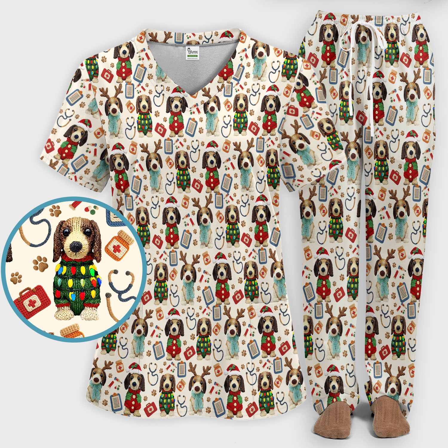 Christmas Wiener Dog Scrubs Set for Women - Cute Dachshund Christmas Scrub Pants and V Neck Top - Puppy Lover Medical Uniform Gift