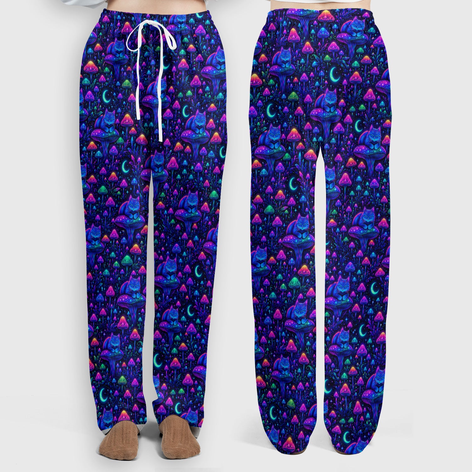 Neon Mushroom Cat Galaxy Pattern Scrub Set, Scrub Pants and V Neck Top