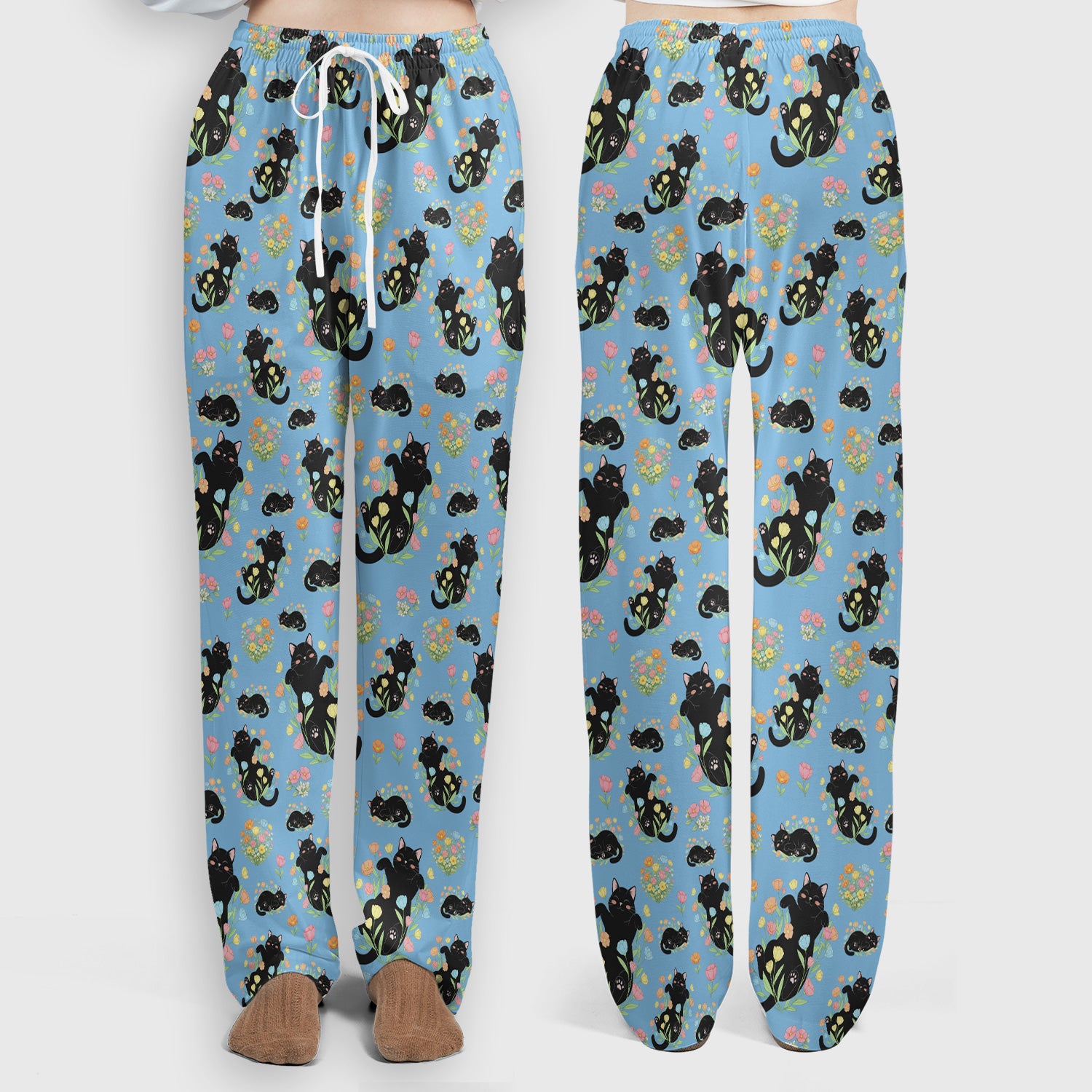 Cats With Cute Poses Floral Pattern Scrubs Sets, Scrub Pants and V Neck Top