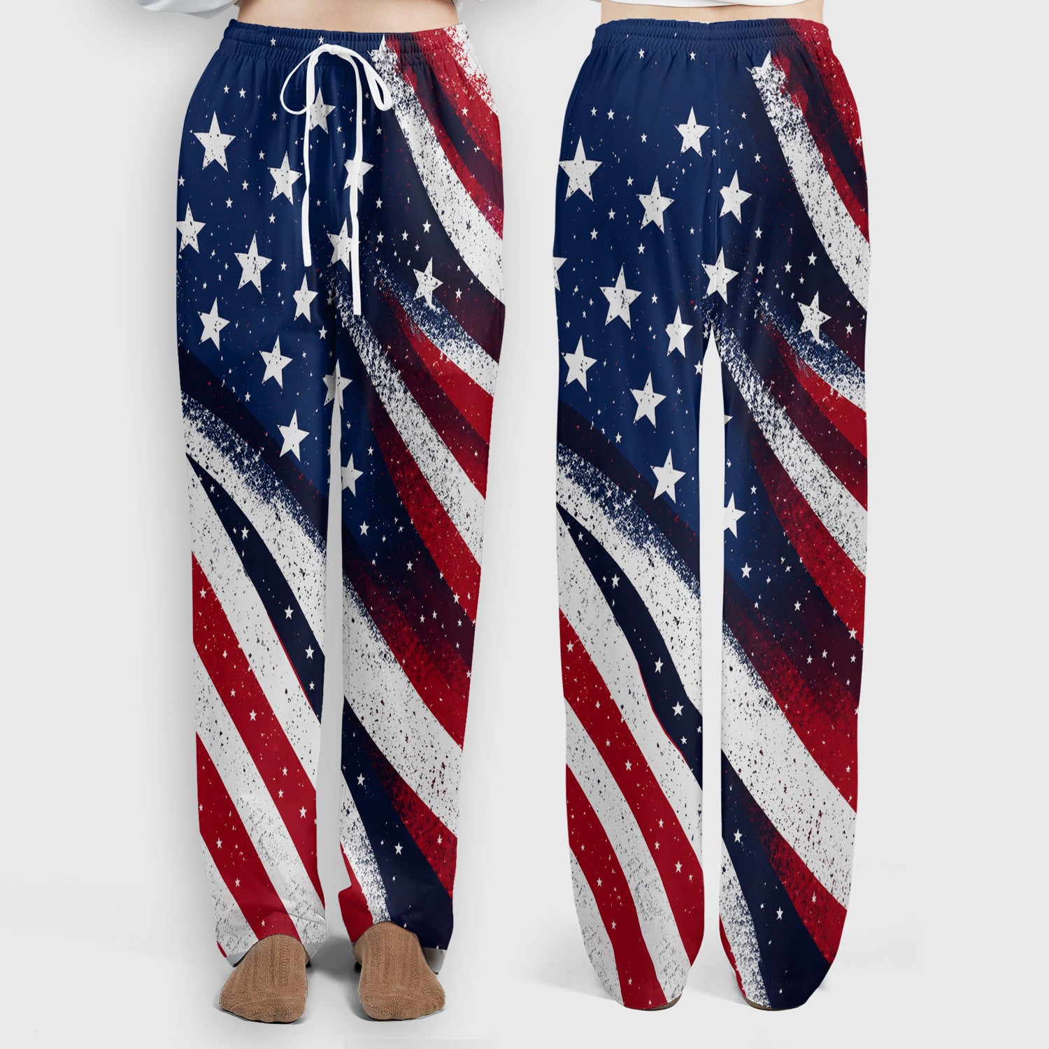 Festive American Flag Stars Pattern Scrub Set, Scrub Pants and V Neck Top