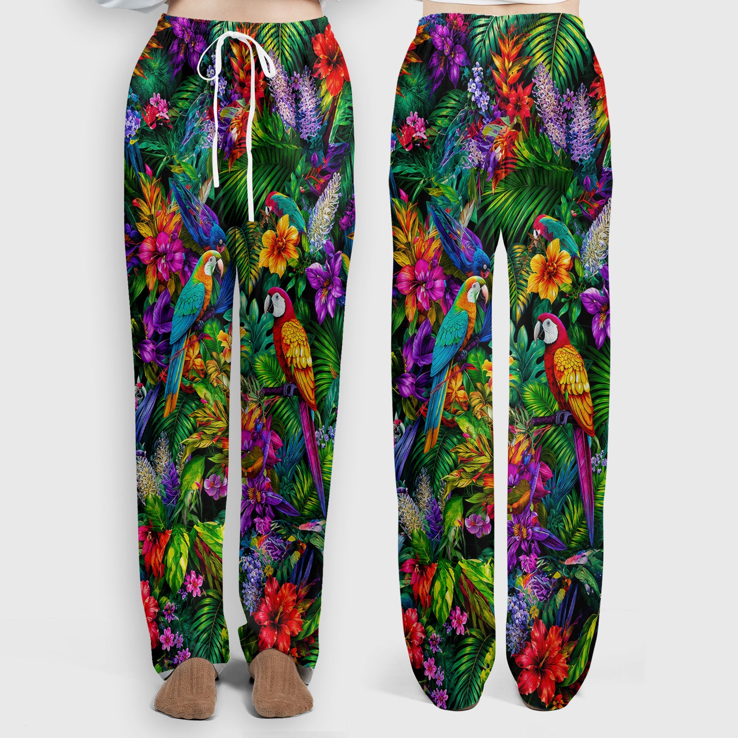 Tropical Parrot Jungle Blossom Pattern Scrub Set, Scrub Pants and V Neck Top