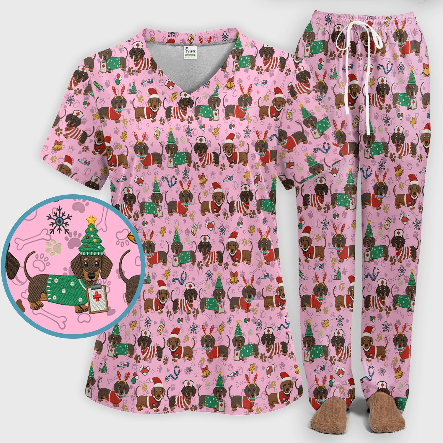 Christmas Dachshund Scrub Set for Nurses - Cute Wiener Dog Scrubs Pants and V Neck Top - Cute Puppy Med Uniform Gift for Women
