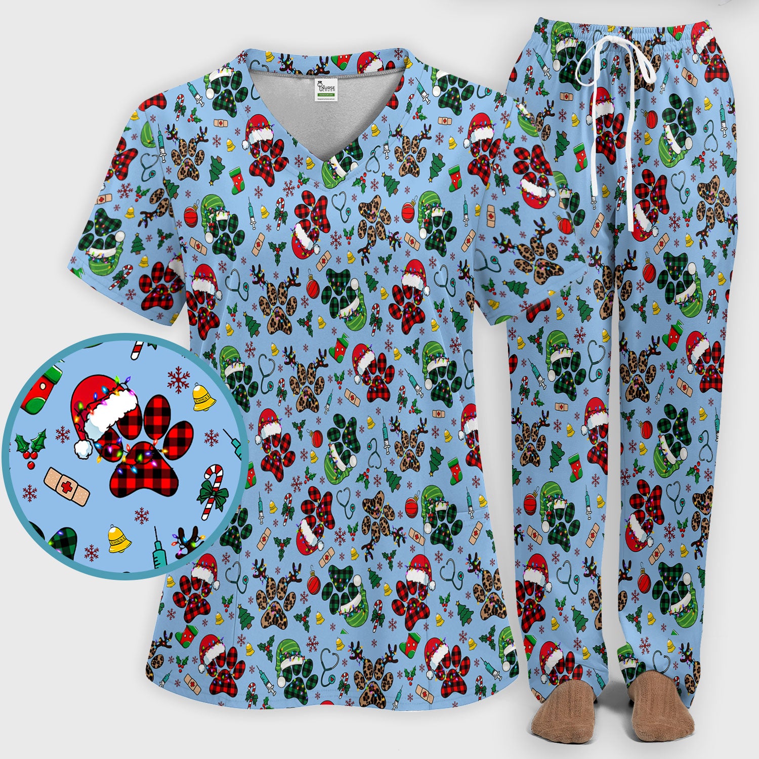 Christmas Paw Print Scrub Set for Nurses - Cute Leopard Holiday Pants and V Neck Top - Funny Pet Medical Uniform Gift