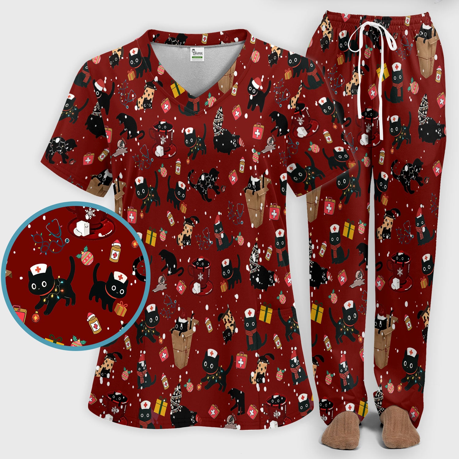 Christmas Cat Scrub Set for Nurse - Funny Black Cats Scrubs Pants and V Neck Top - Cute Holiday Medical Uniform for Women