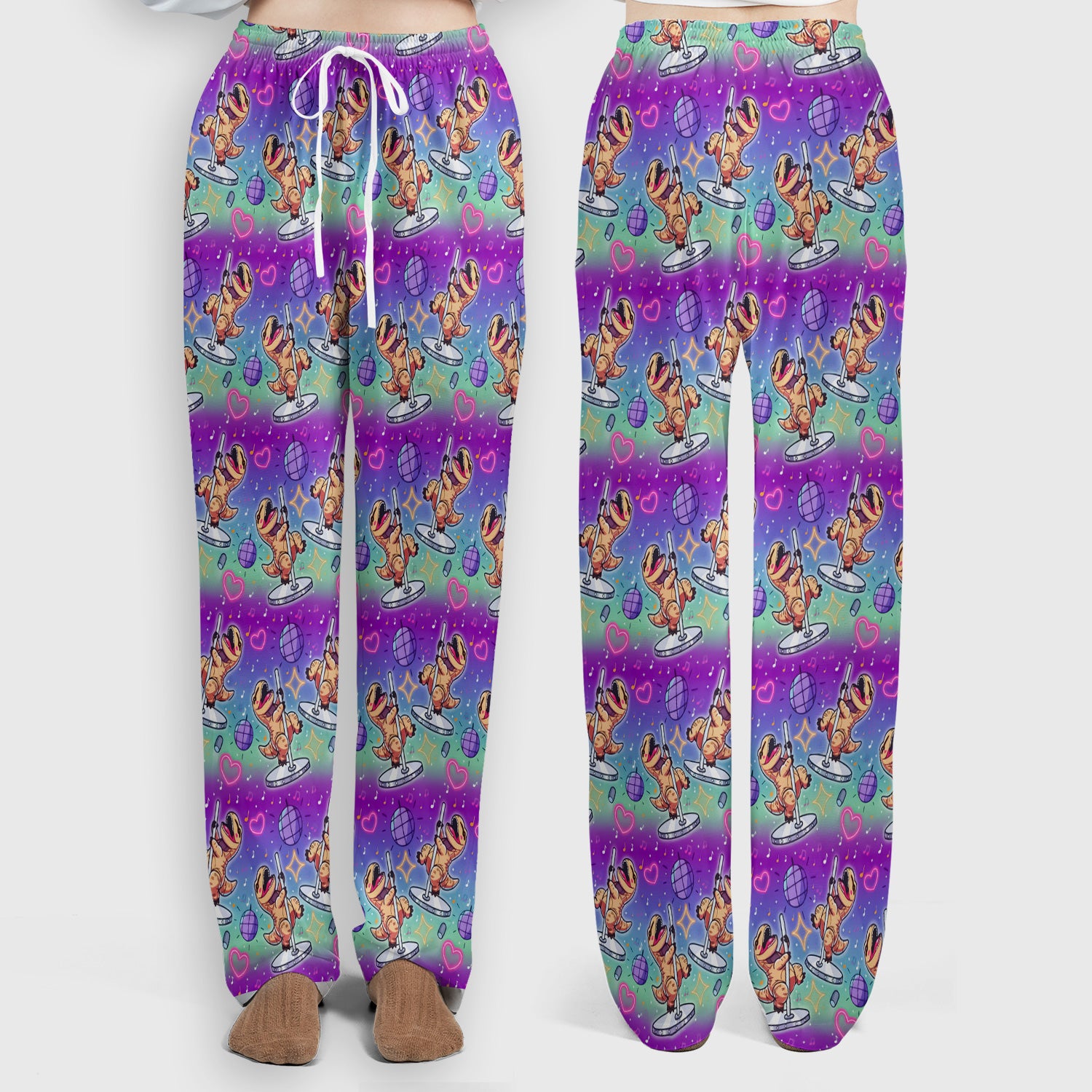 Funny Dancing Dinosaur Disco Party Pattern Nurse Scrub Set, Scrub Pants and V Neck Top