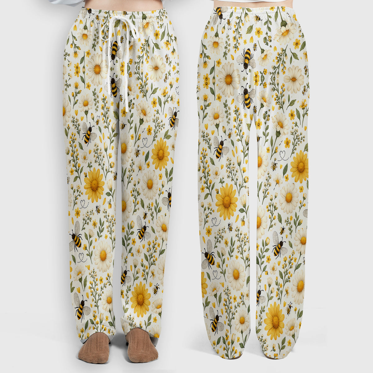 Cute Honey Bee And Daisy Pattern Scrub Set, Scrub Pants and V Neck Top