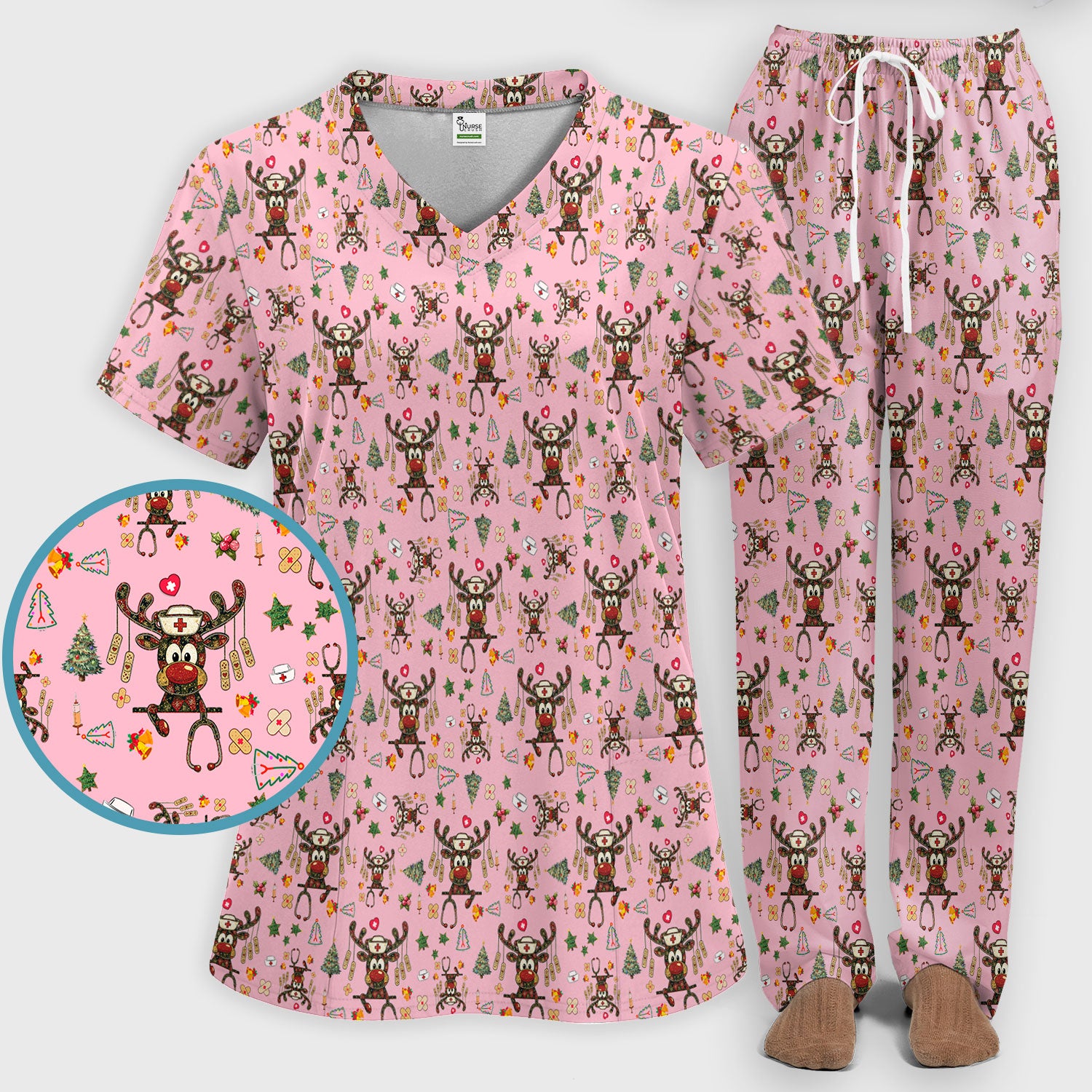 Reindeer Christmas Nurse Scrub Set - Funny Holiday Scrubs Pants and V Neck Top - Cute Medical Uniform for Women