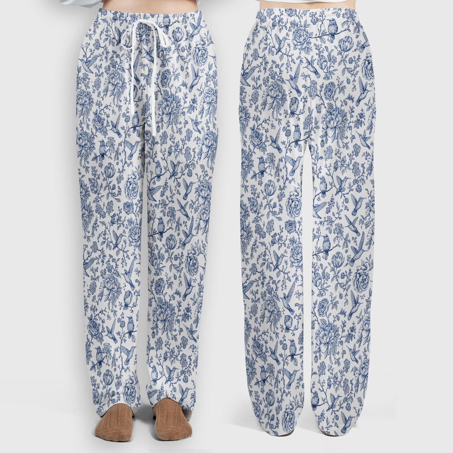 Blue Toile Hummingbird Floral Pattern Scrub Set, Scrub Pants and V Neck Top