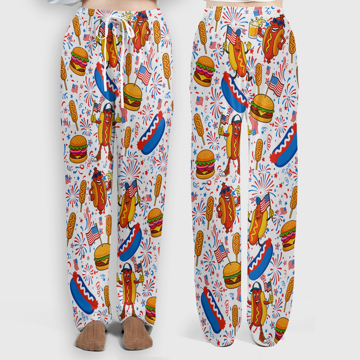 Patriotic Hot Dog Burger Fireworks Scrub Set, Scrub Pants and V Neck Top