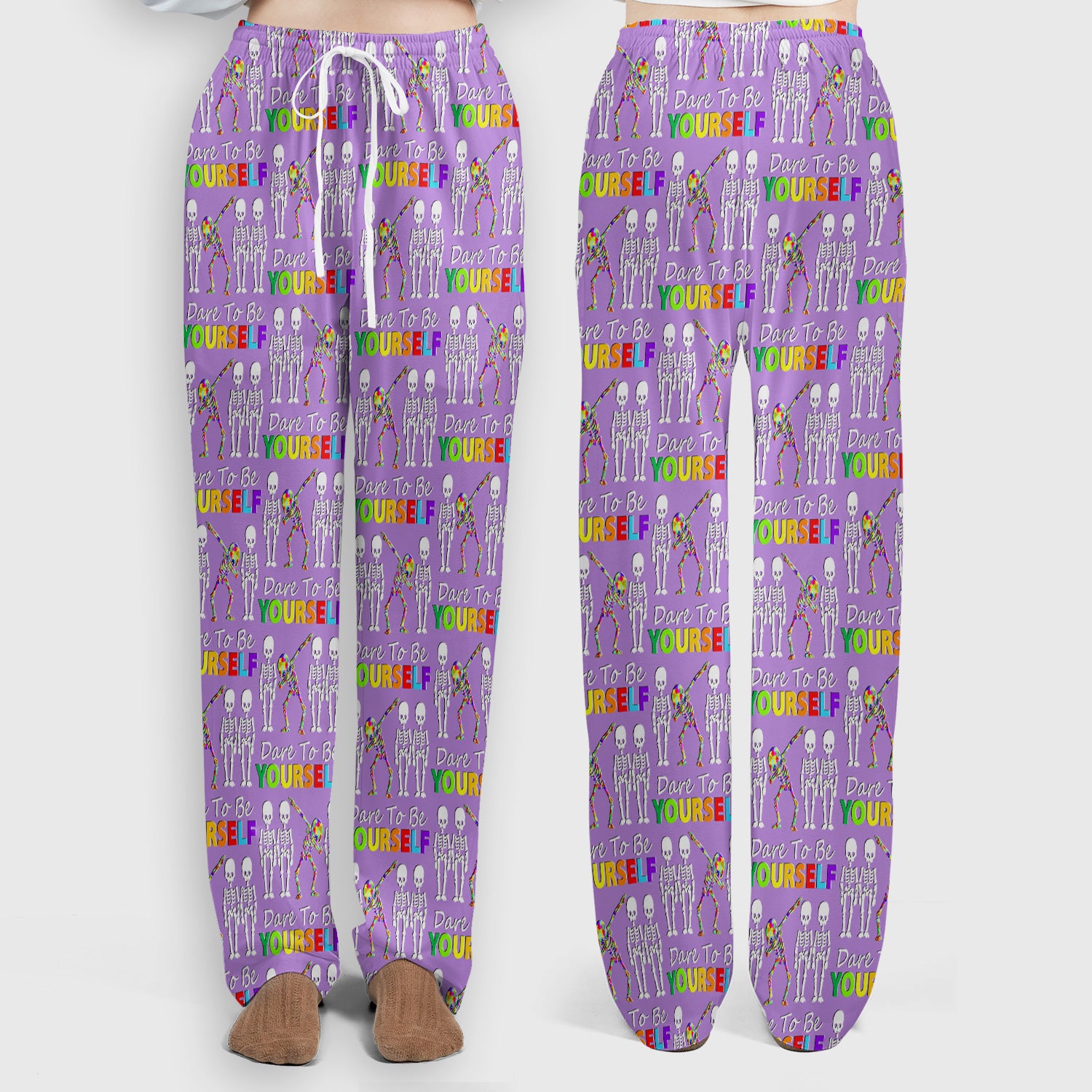 Rainbow Skeleton Dare To Be Yourself Pattern Scrub Sets, Scrub Pants and V Neck Top