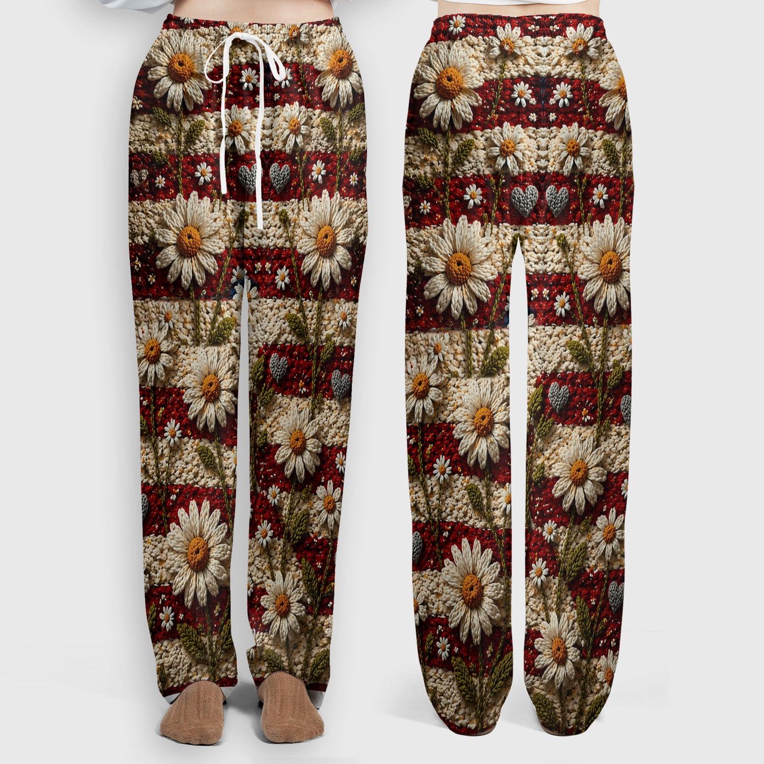 American Flag Daisy Floral Knit Texture Pattern Scrub Set, Scrub Pants and V Neck Top