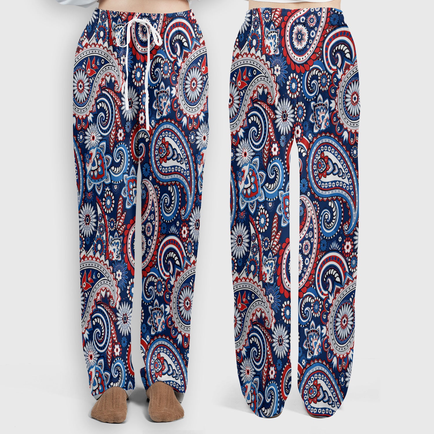 Patriotic Red White Blue Paisley Pattern Scrub Set, Scrub Pants and V Neck Top