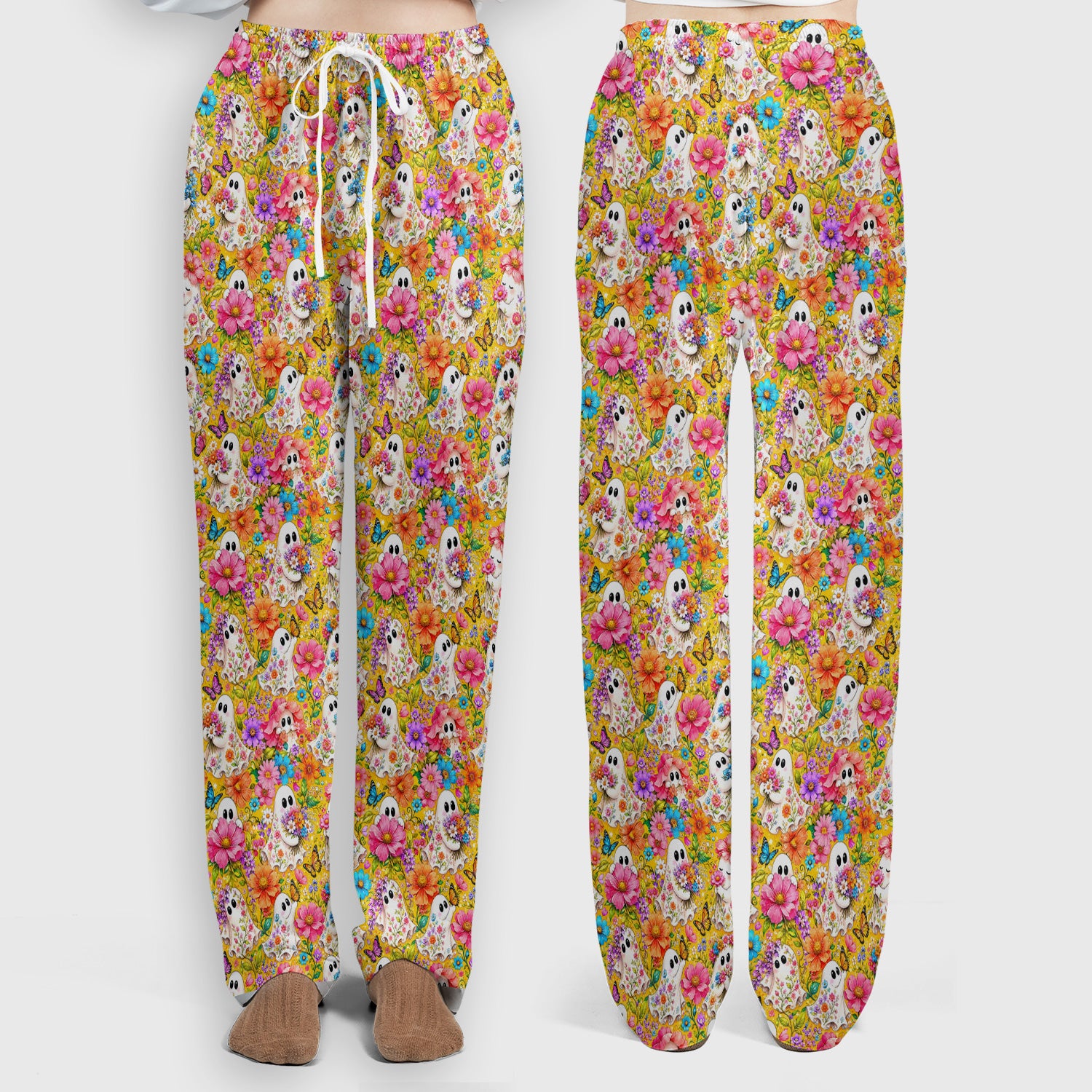 Cute Floral Ghosts And Butterflies Scrub Set, Scrub Pants and V Neck Top