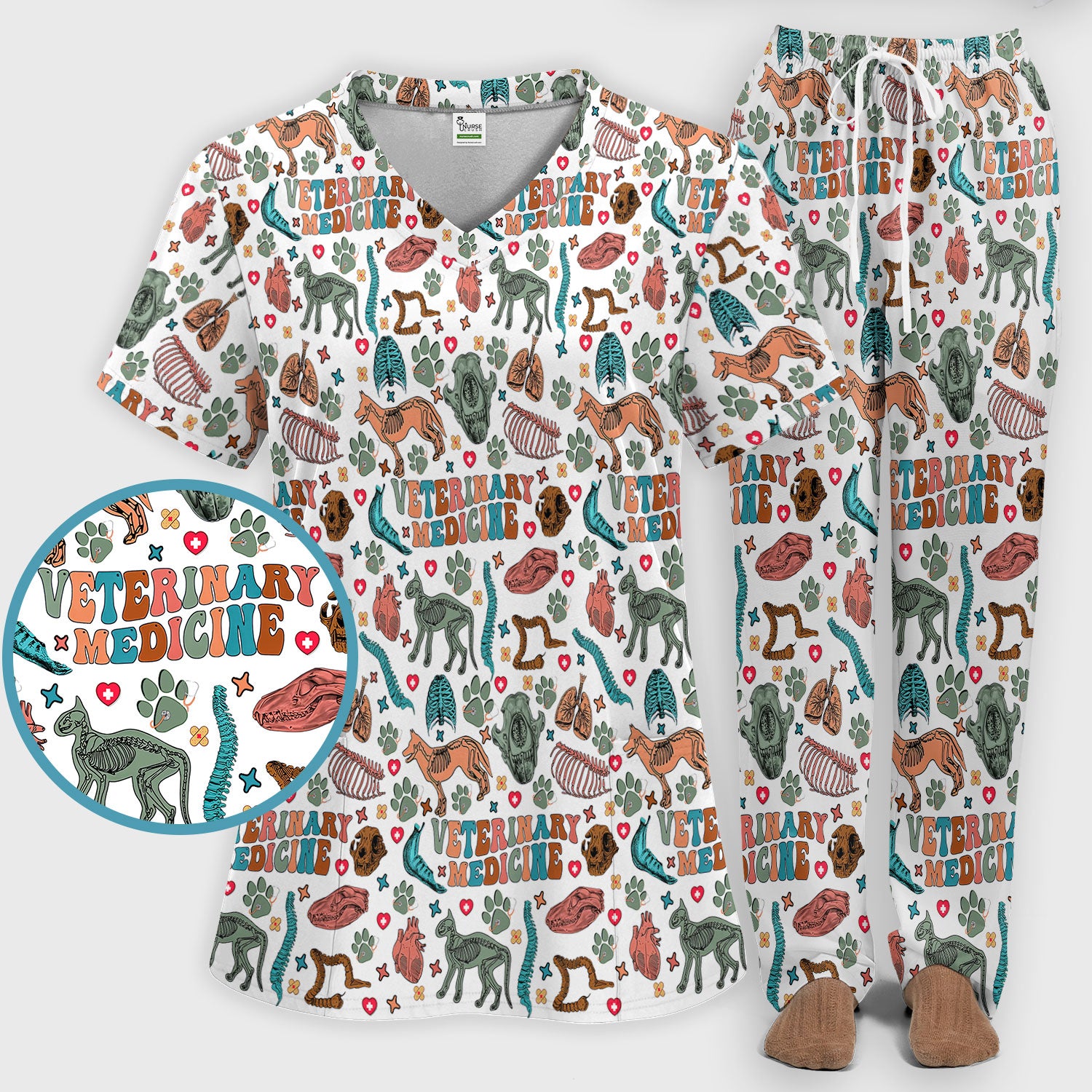Veterinary Medicine Scrub Set - Cute Animal Anatomy Scrubs Pants and V Neck Top - Fun Vet Tech Nurse Uniform for Women